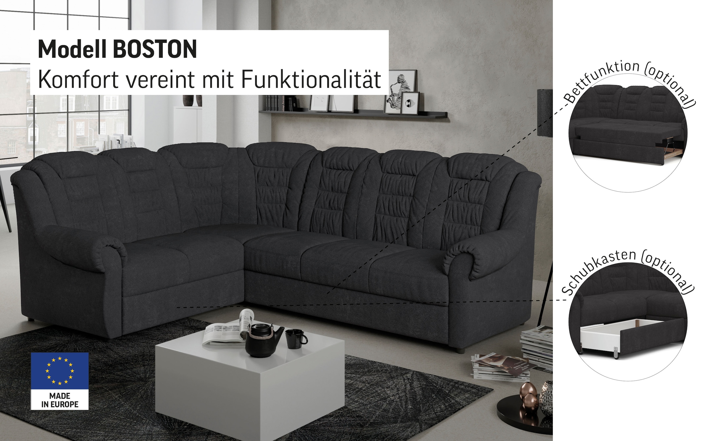 Home affaire Ecksofa »Boston L-Form«, mit hoher Rückenlehne, wahlweise mit Bettfunktion & Stauraum