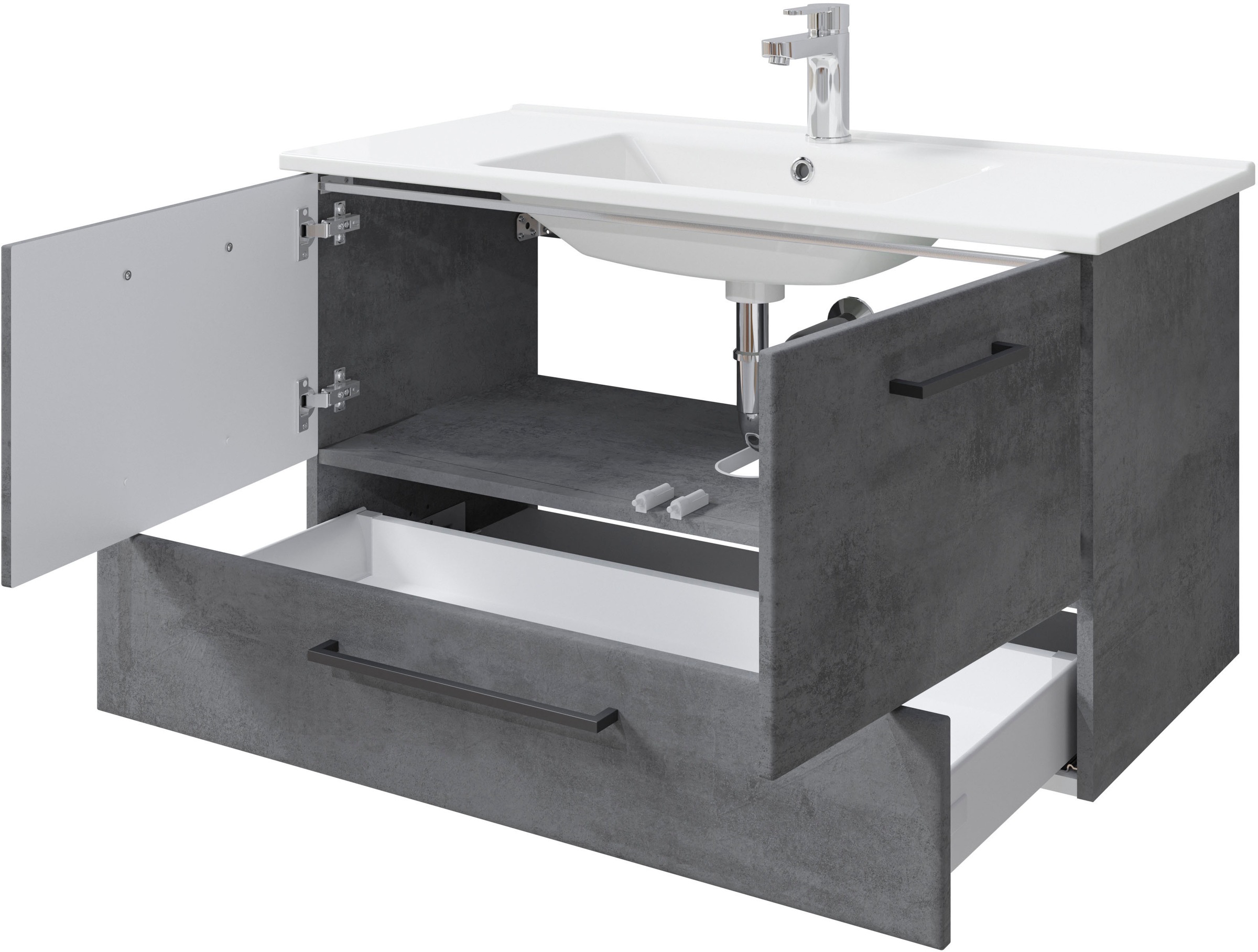 Saphir Badmöbel-Set »Quickset 945 3-teilig, Keramik-Waschtisch mit LED-Spiegelschrank«, (4 St.), Midischrank, 6 Türen, 3 Schubladen, 8 Einlegeböden, inkl. Türdämpfer
