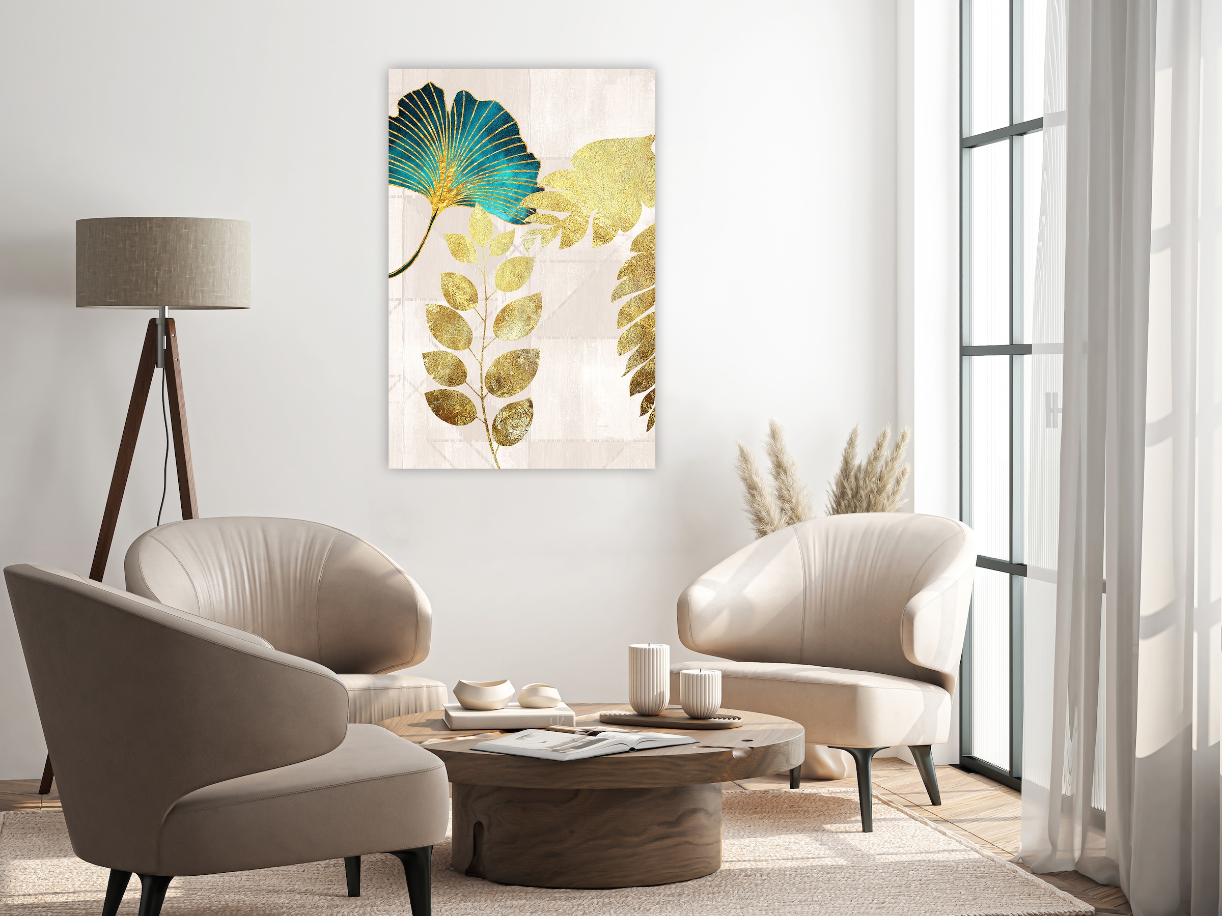 queence Leinwandbild »Gingko und Blätterbild, Canvas Bild von Hand bespannt« 1 Stk. tlg. Zeitlose Ginkgo-Motive in hellen Farben