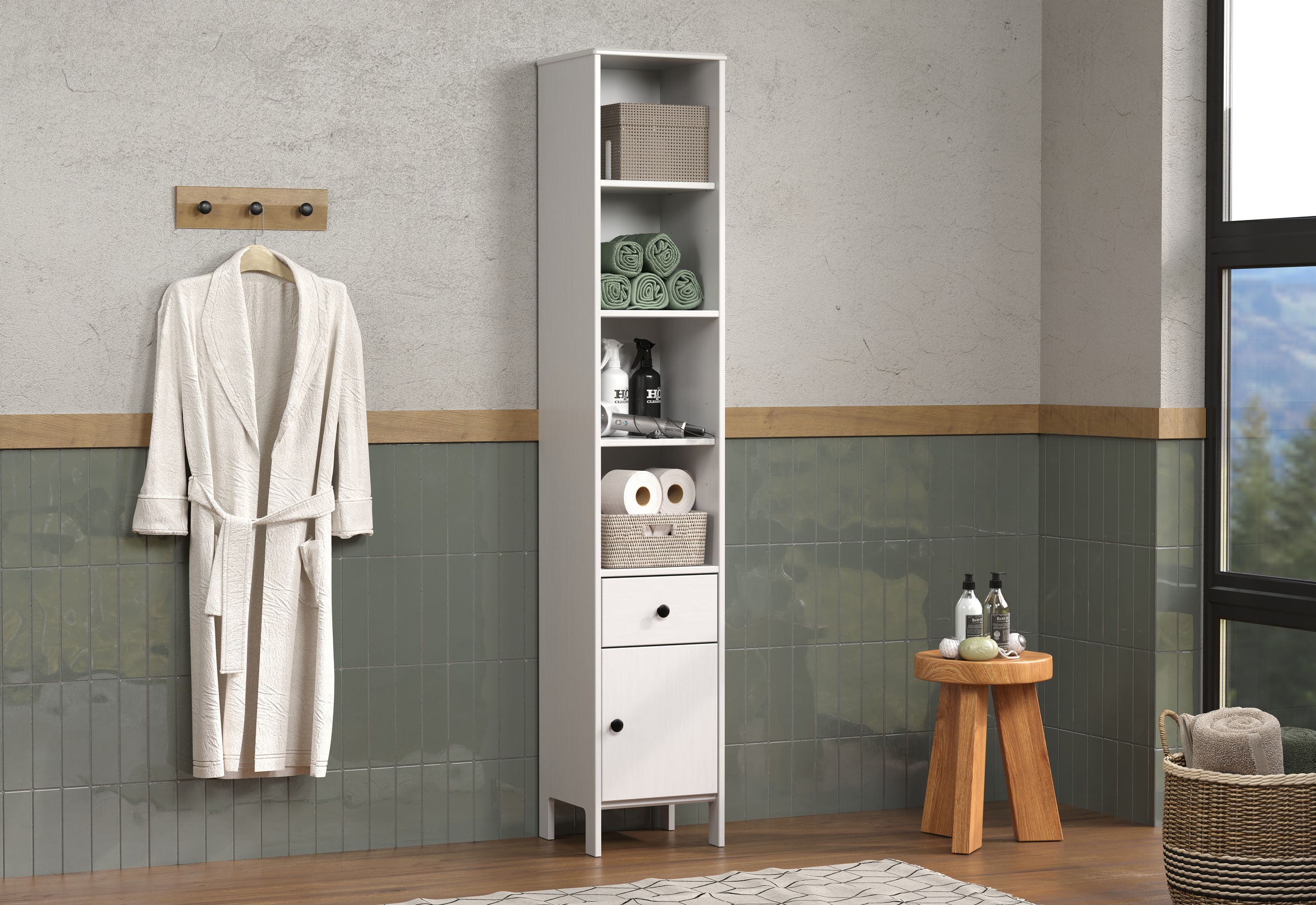welltime Hochschrank »Kall«, (1 St.), Badschrank aus Kiefer-Massivholz mit Schublade - (B/T/H) 35/33/188 cm