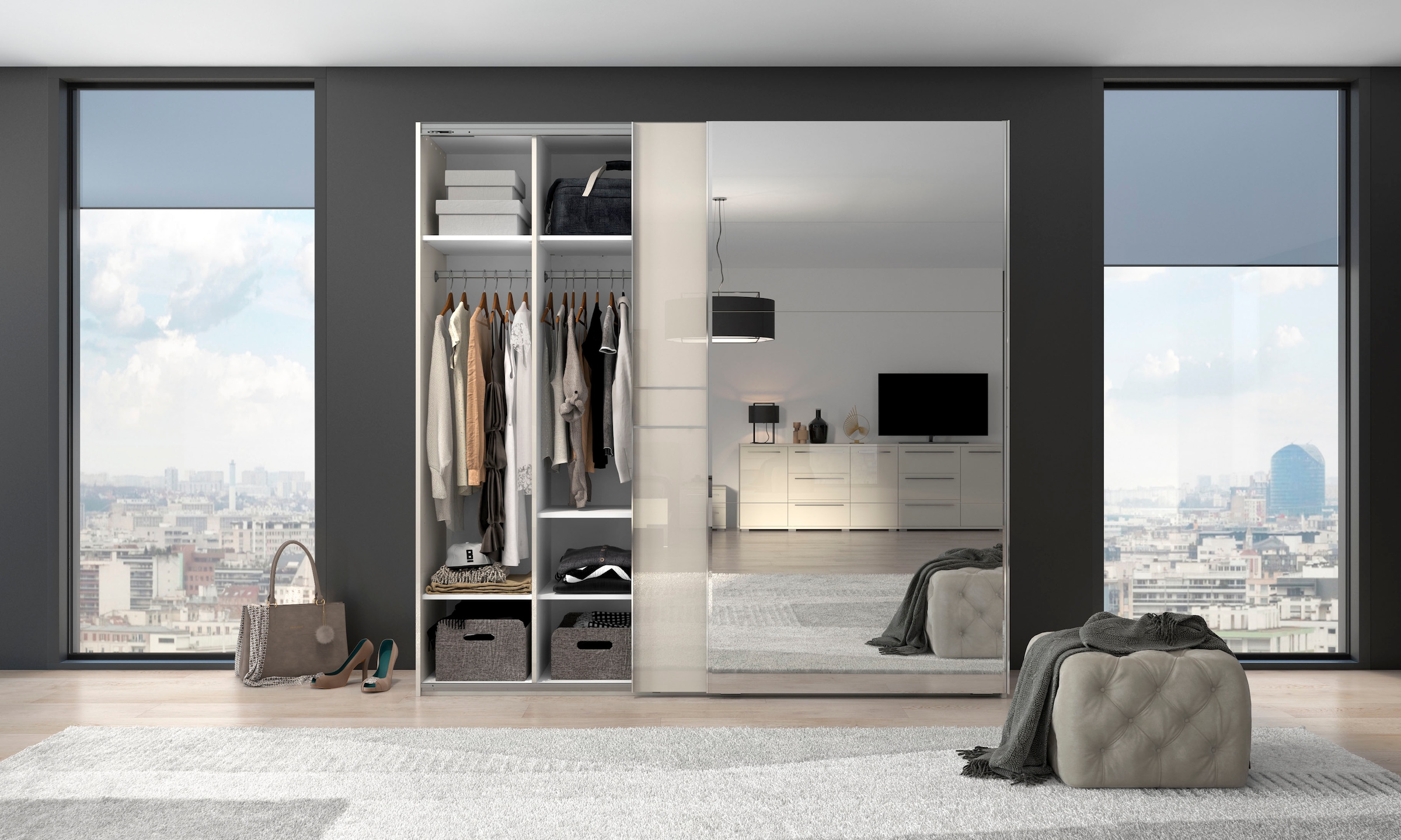 Places of Style Schwebetürenschrank »Piano, mit Einlegeböden, Kleiderstangen, Spiegel, Türen soft-close«, (in 3 Breiten, 224cm hoch, mit verchromten Aufleistungen), mit Spiegeltür, FSC-zertifizierter Holzwerkstoff