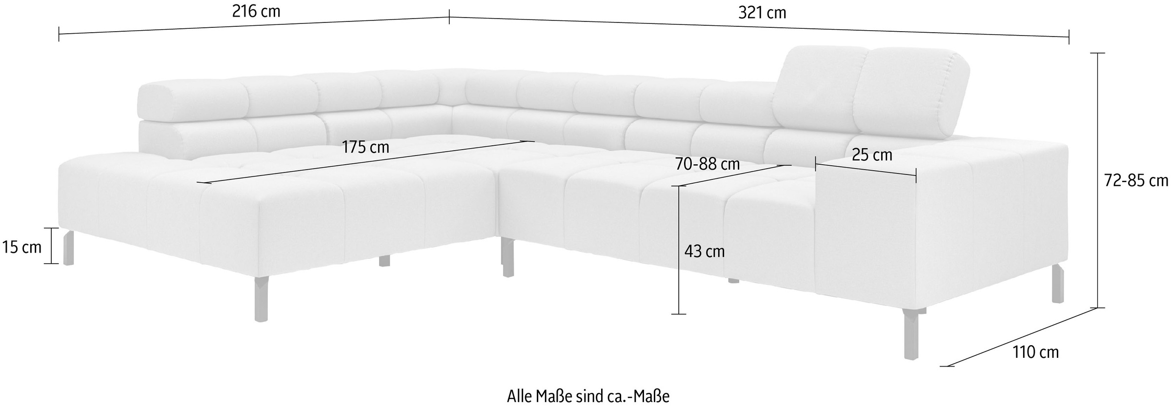INOSIGN Ecksofa »Ancona New, wahlweise motorische Sitztiefenverstellung, auch in Cord«, feine Steppung, mit Kopfteilverstellung, 3 Zierkissen, L-Form