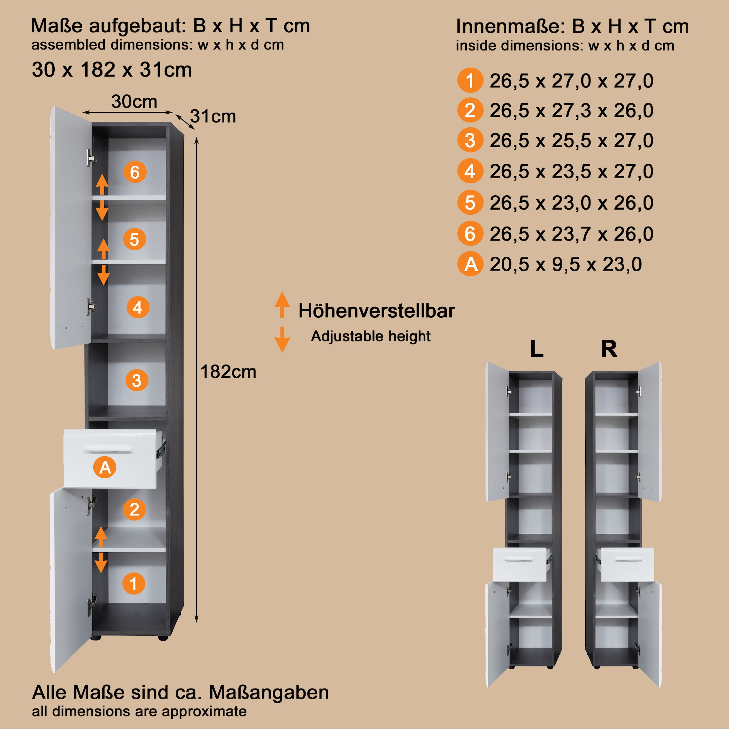 welltime Hochschrank »Sovana«, Badezimmerschrank in Hochglanzoptik - (B/T/H) 30/31/182 cm