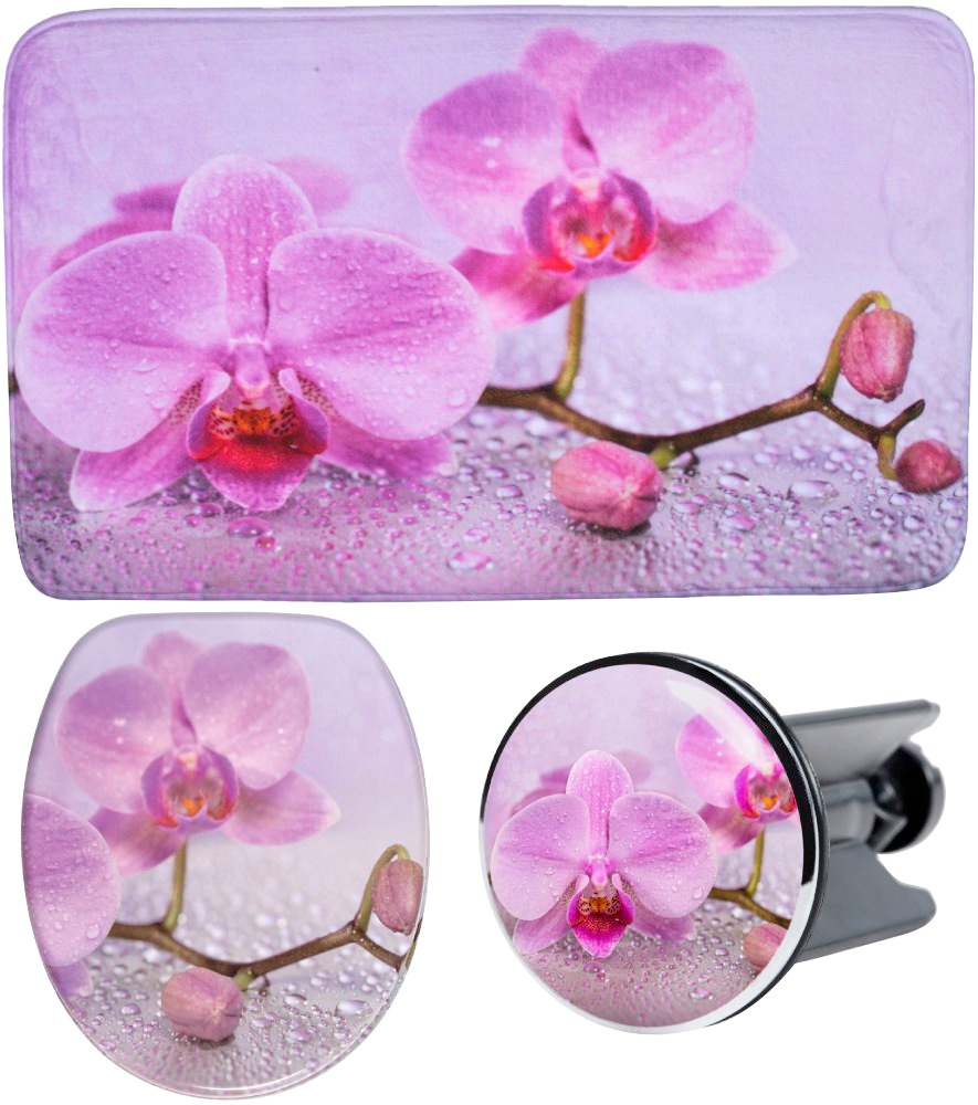 Sanilo Badaccessoires-Sets »Blooming«, (Komplett-Set, 3 tlg.), bestehend aus WC-Sitz, Badteppich und Waschbeckenstöpsel