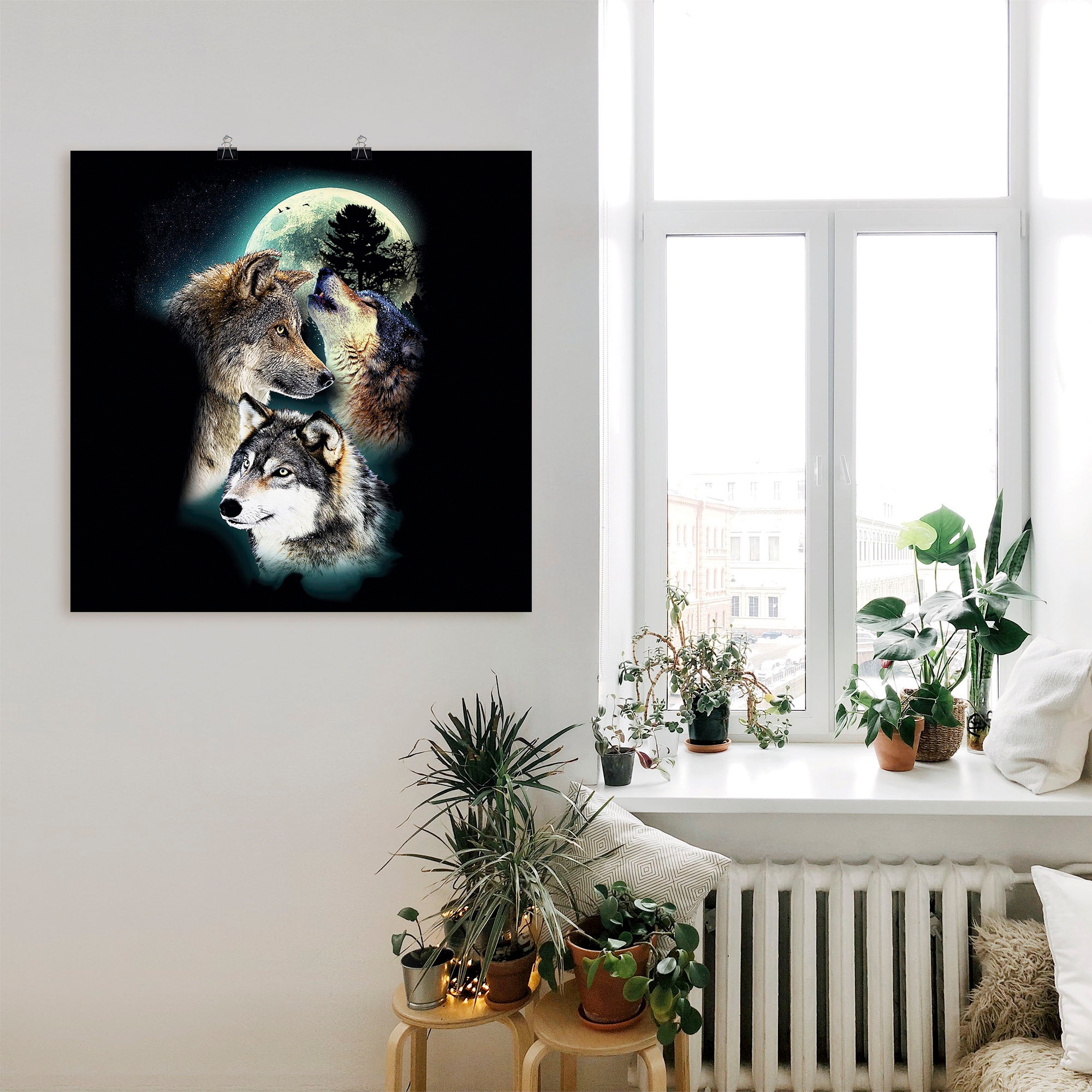 Artland Wandbild »Phantasie Wolf Wölfe mit Mond«, Wildtiere, (1 St.), als Leinwandbild, Poster, Wandaufkleber in verschied. Größen