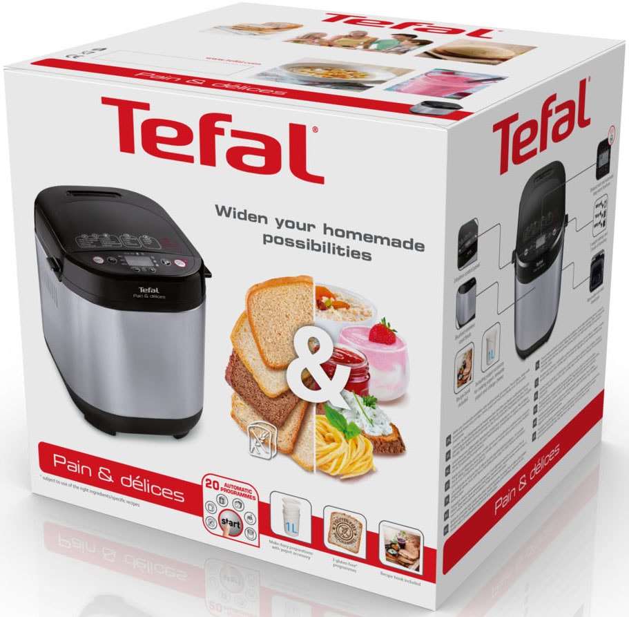 Tefal Brotbackautomat »Pain & Délices, 20 Backprogramme, 3 Brotgrößen und Bräunungsgrade«, 20 Programme, 610 W, auch für Pizza-/Nudel-/Kuchenteig, antihaftbeschichtete Form, PF240E