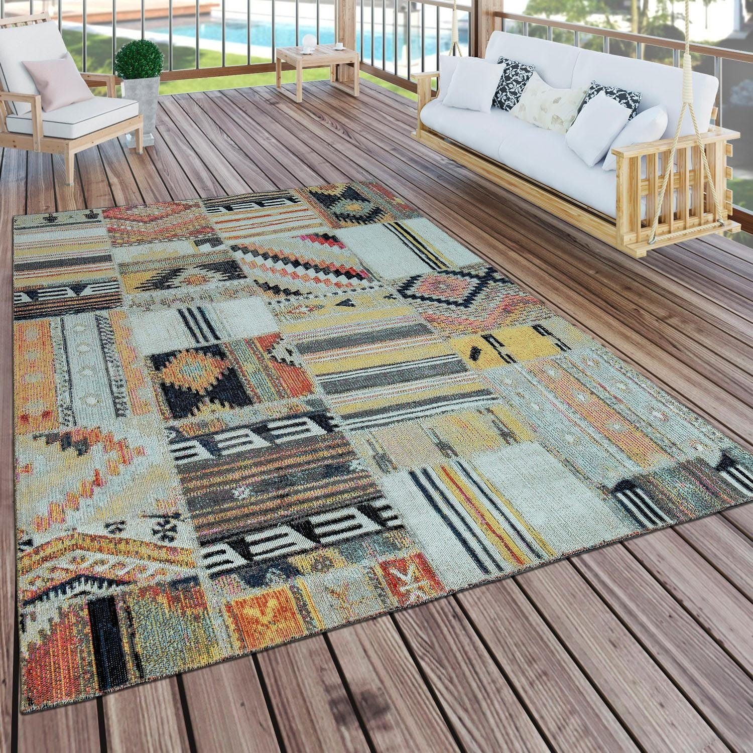 Paco Home Teppich »Artigo 406«, rechteckig, 4 mm Höhe, Kurzflor, Patchwork Muster, Vintage Design, In- und Outdoor geeignet
