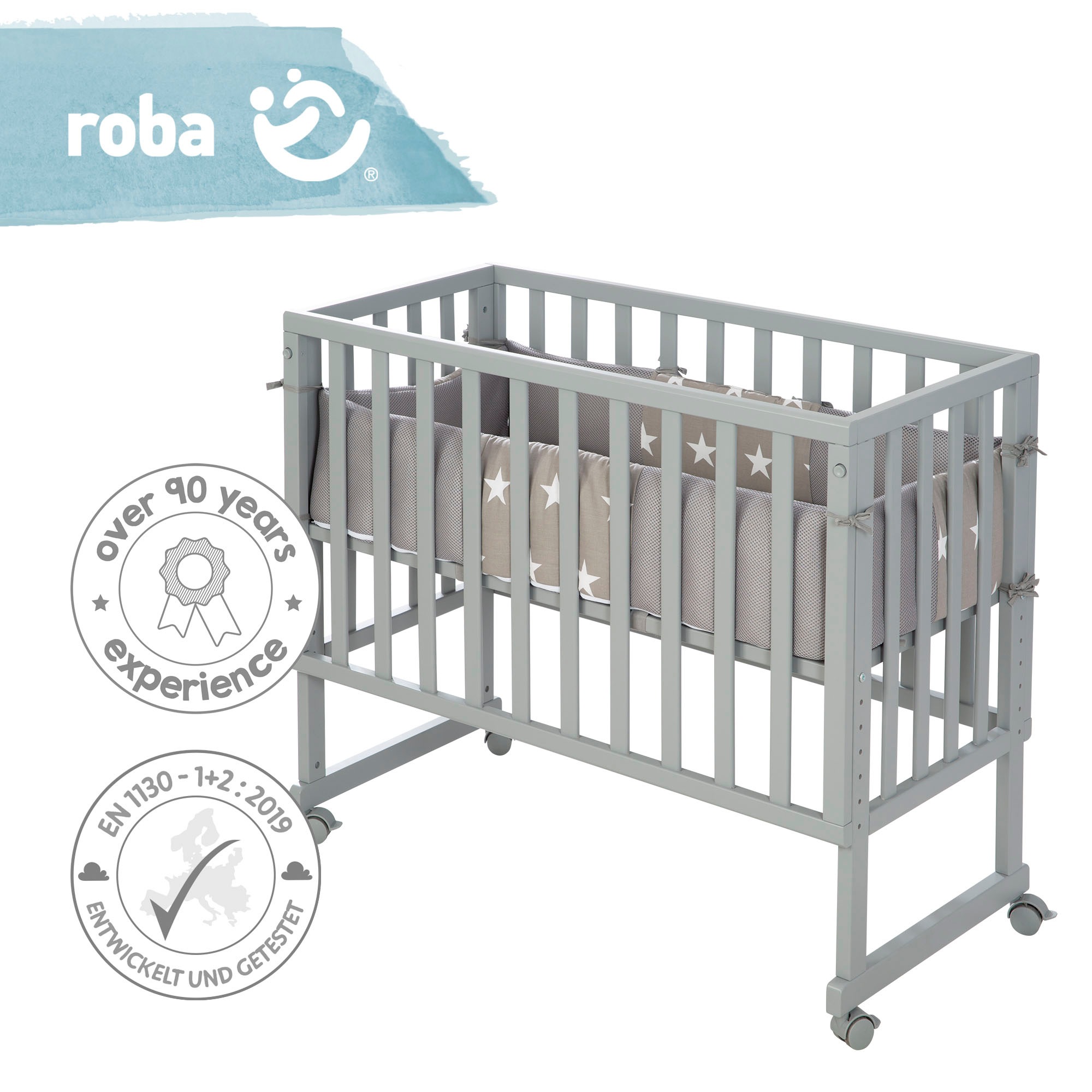 roba® Stubenbett »Safe Asleep® 2in1, taupe, Little Stars«, mit 4 Rollen, Matratze, Nestchen und Sicherheitsbarriere