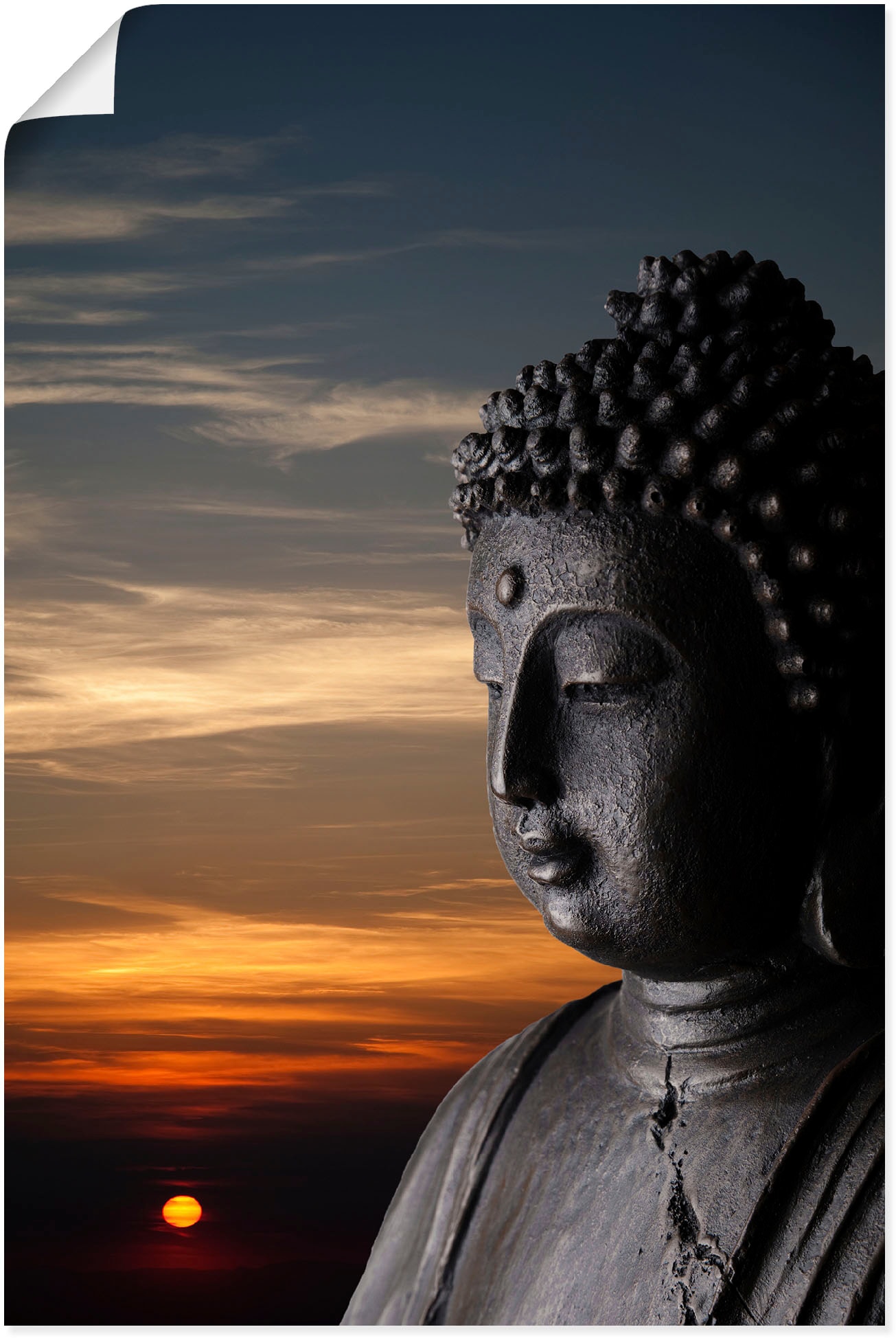 Artland Wandbild »Buddha Statue in als oder Leinwandbild, Shop Größen Online (1 Buddhismus, im kaufen Wandaufkleber versch. Sonnenuntergang«, St.), OTTO Poster vor Alubild