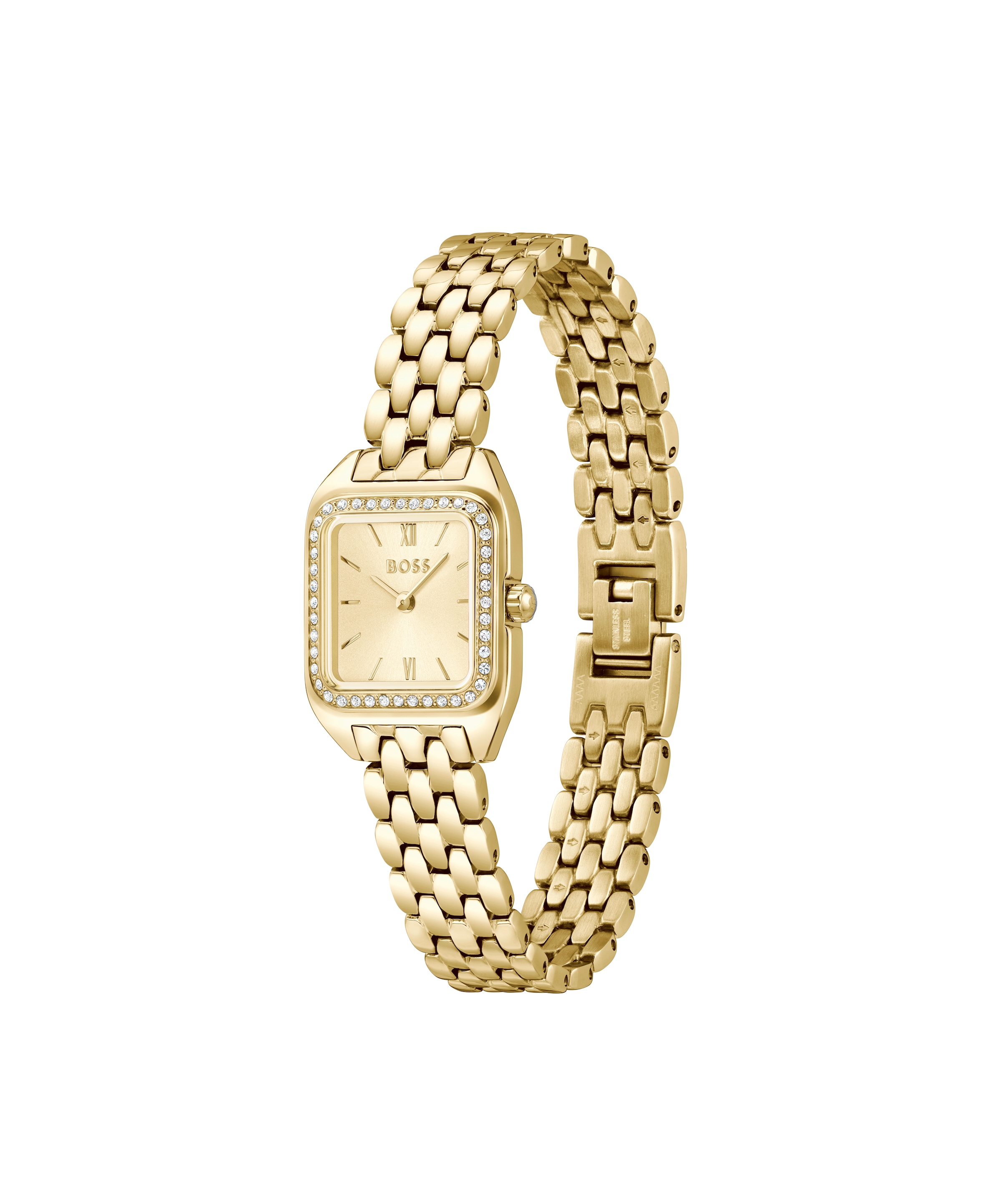 BOSS Quarzuhr »MAE PETITE« Armbanduhr, Damenuhr, Edelstahlarmband, analog, Glaskristalle