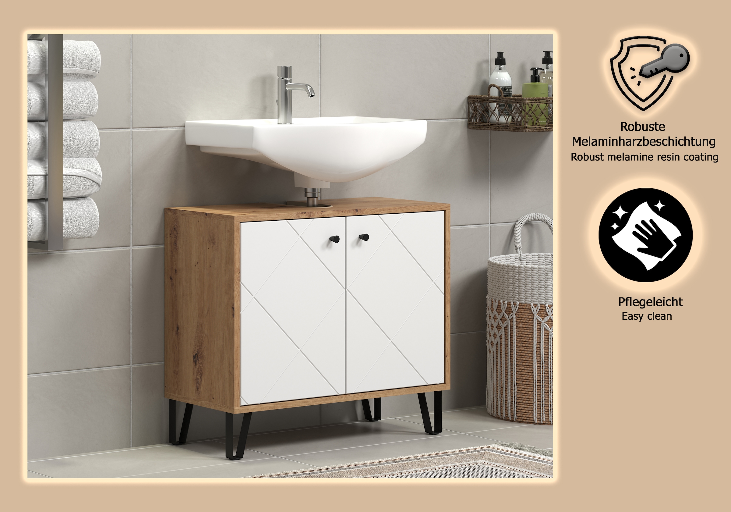 Places of Style Waschbeckenunterschrank »Tarragona«, (1 St.), Waschbeckenunterschrank mit 2 Türen - (B/T/H) 69/32/61 cm