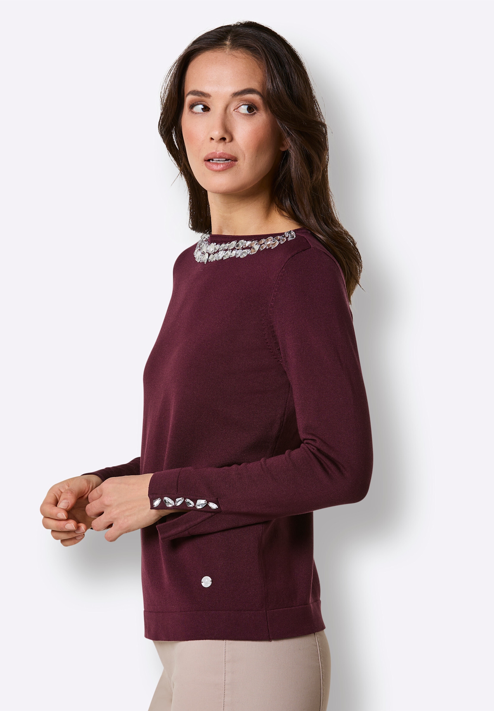 creation L Strickpullover »Lyocell-Viskose-Pullover Langarm-Pullover mit Strass-Applikationen«