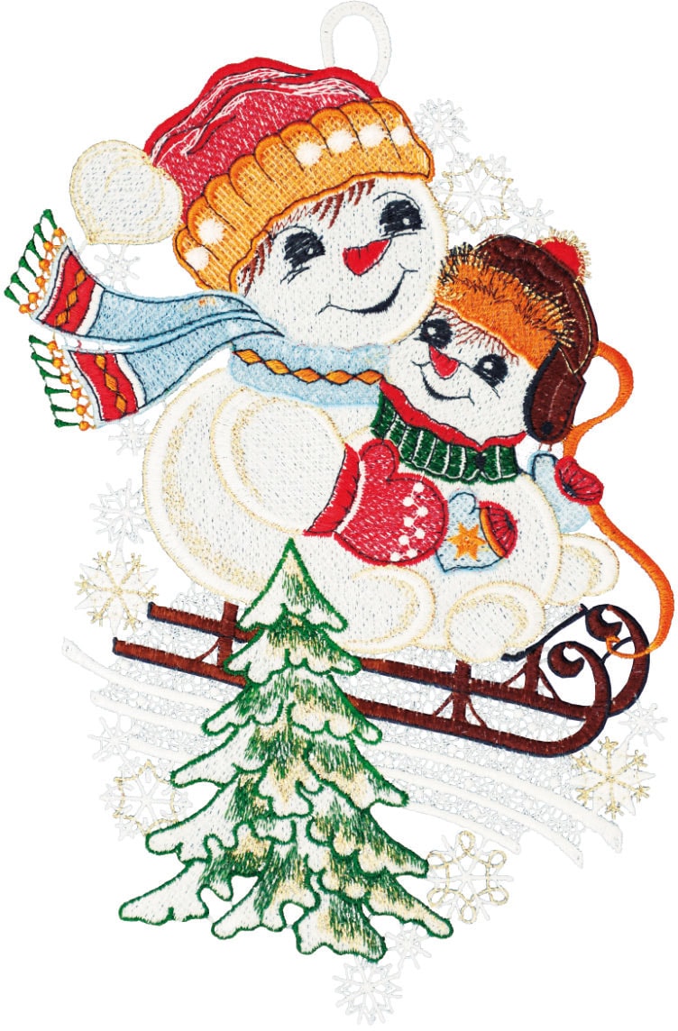 W. Reuter & Sohn - Plauener Spitze Fensterbild »Schneemann mit Kind« Made in Germany in bunt, Größe B/L: 20 cm x 30 cm