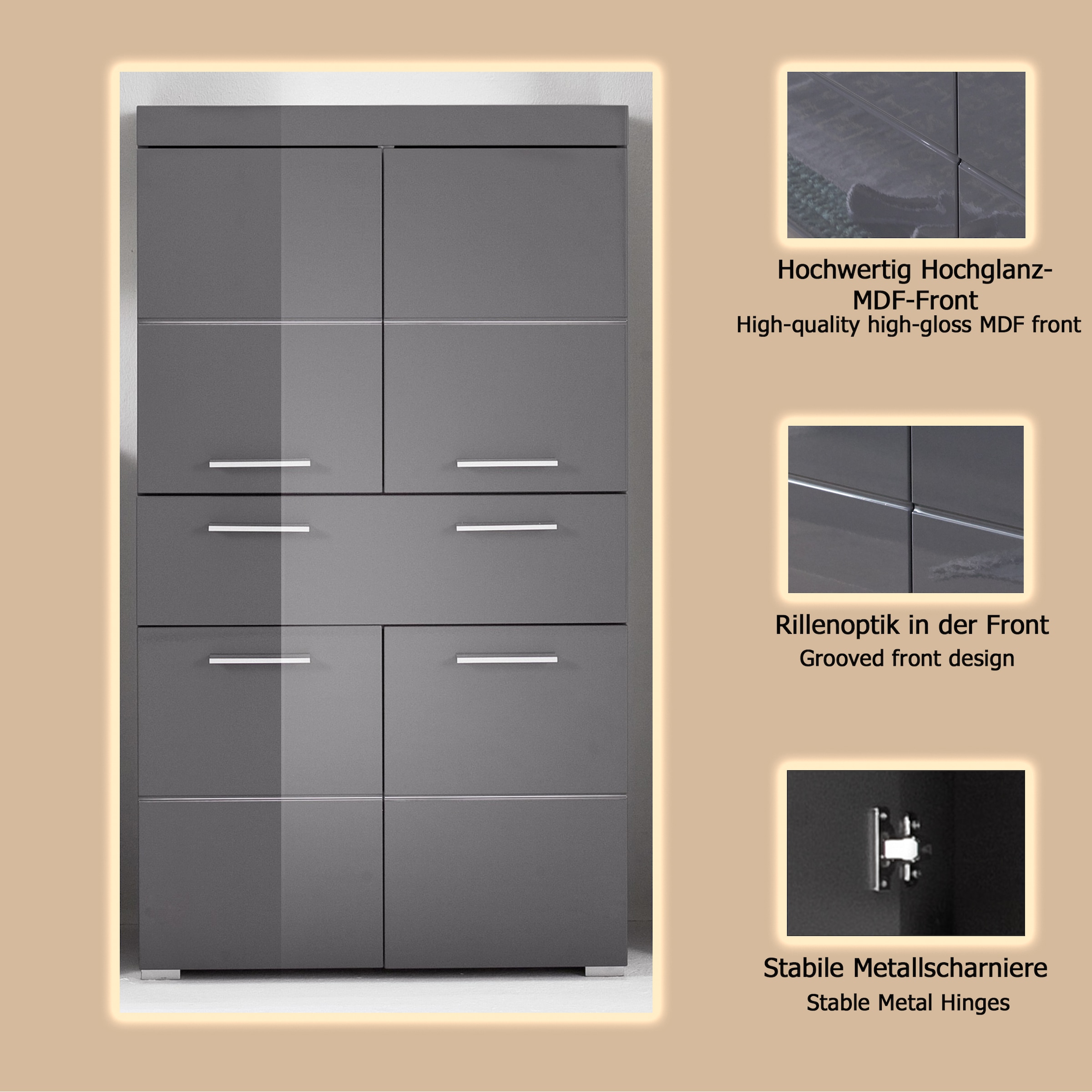 welltime Midischrank »Avena«, Standschrank mit 4 Türen, 1 Schublade - (B/T/H) 73/31/130 cm