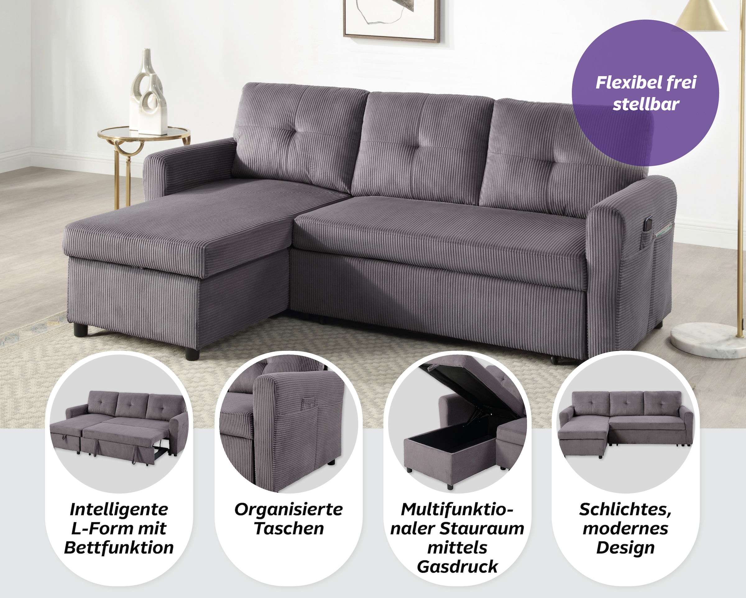 ATLANTIC home collection Schlafsofa »Gustavo L-Form, B: 199 cm« mit Bettfunktion, Bettkasten & seitlichen Taschen