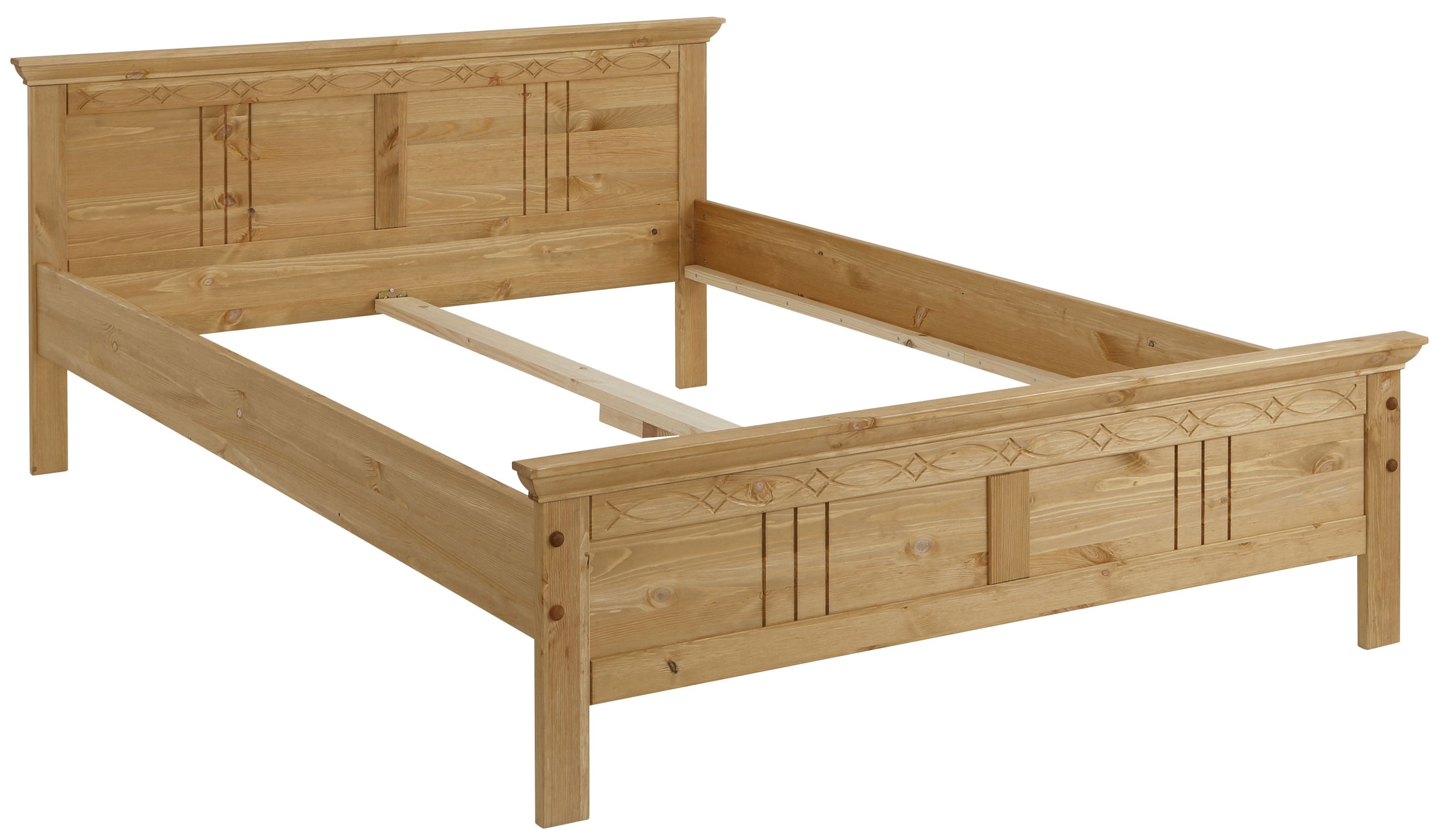 Home affaire Massivholzbett »Indra, TOPSELLER, Landhausstil, edles Design,zertifiziertes Massivholz«, (Breite/Belastbarkeit 180cm/220 KG, 140cm/180 KG, 90cm/120 KG), mit dekorativen Fräsungen, in 2 Breiten und Farben