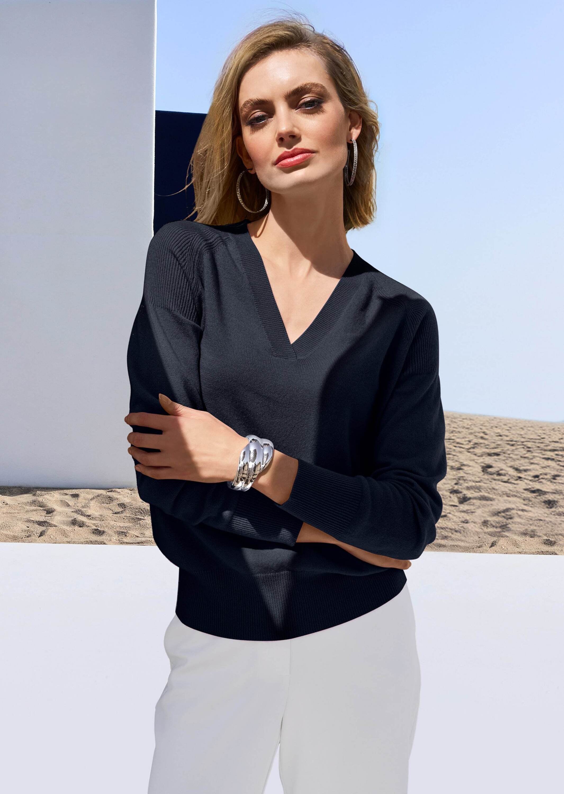 MADELEINE Longpullover »Pullover Strick Kaschmirpullover mit V-Ausschnitt«