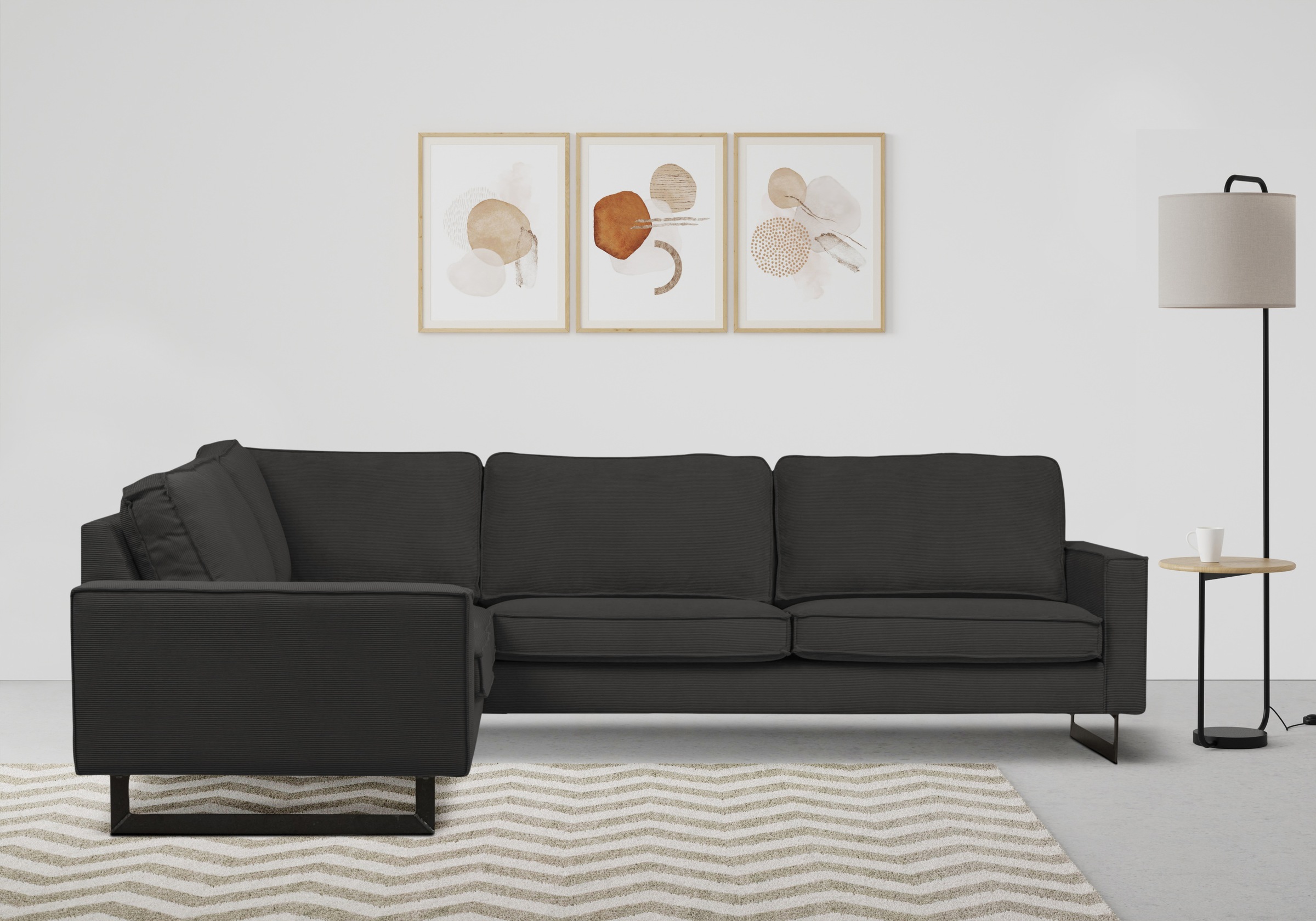 Places of Style Ecksofa »Pinto, XXL, 250/290 cm, langer Schenkel, Ottomane«, Cord, Chenille, Lederoptik, mit Keder, Metallfüße, Wellenunterfederung