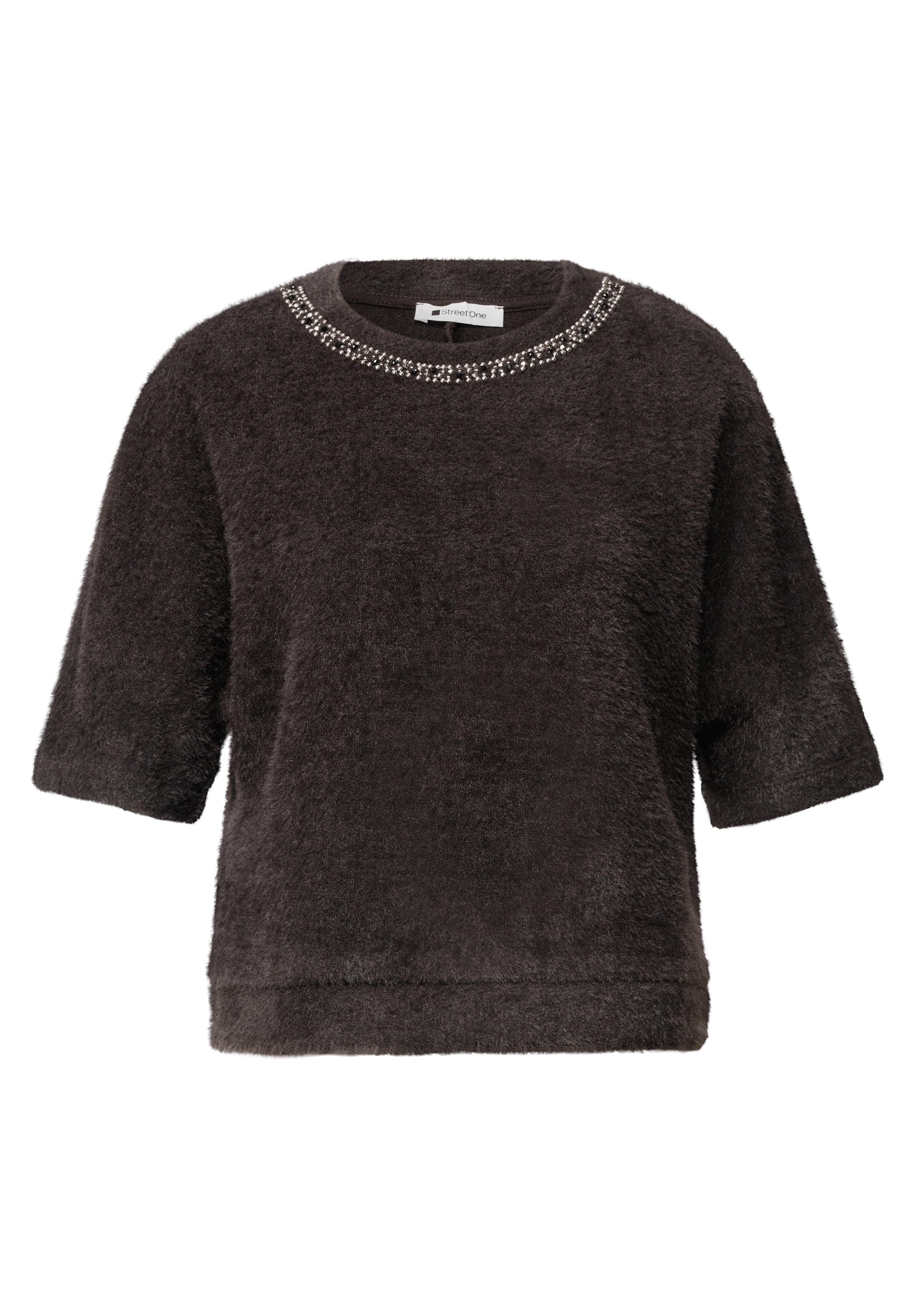 STREET ONE Kurzarmpullover Plüsch-Shirt mit Rundhals und Schmucksteinen