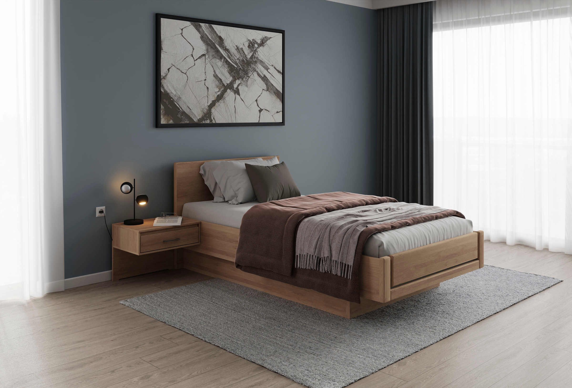 Musterring Holzbett »Sorrent, Bettgestell, Bettrahmen, teilmassiv Eiche«, (MADE IN GERMANY), Eiche teilmassiv, Liegehöhenverstellung, in schwebender Optik