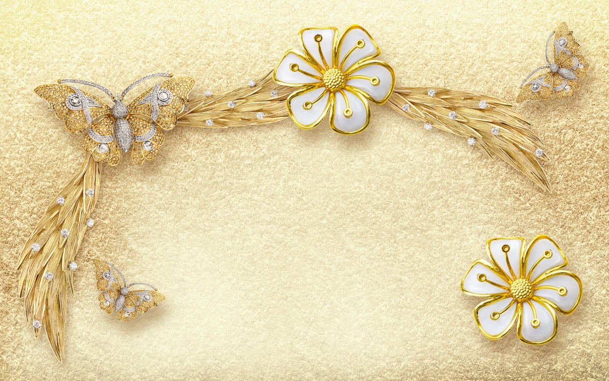 Papermoon Fototapete »Muster Blumen gold weiß«, Vliestapete, hochwertiger Digitaldruck, inklusive Kleister