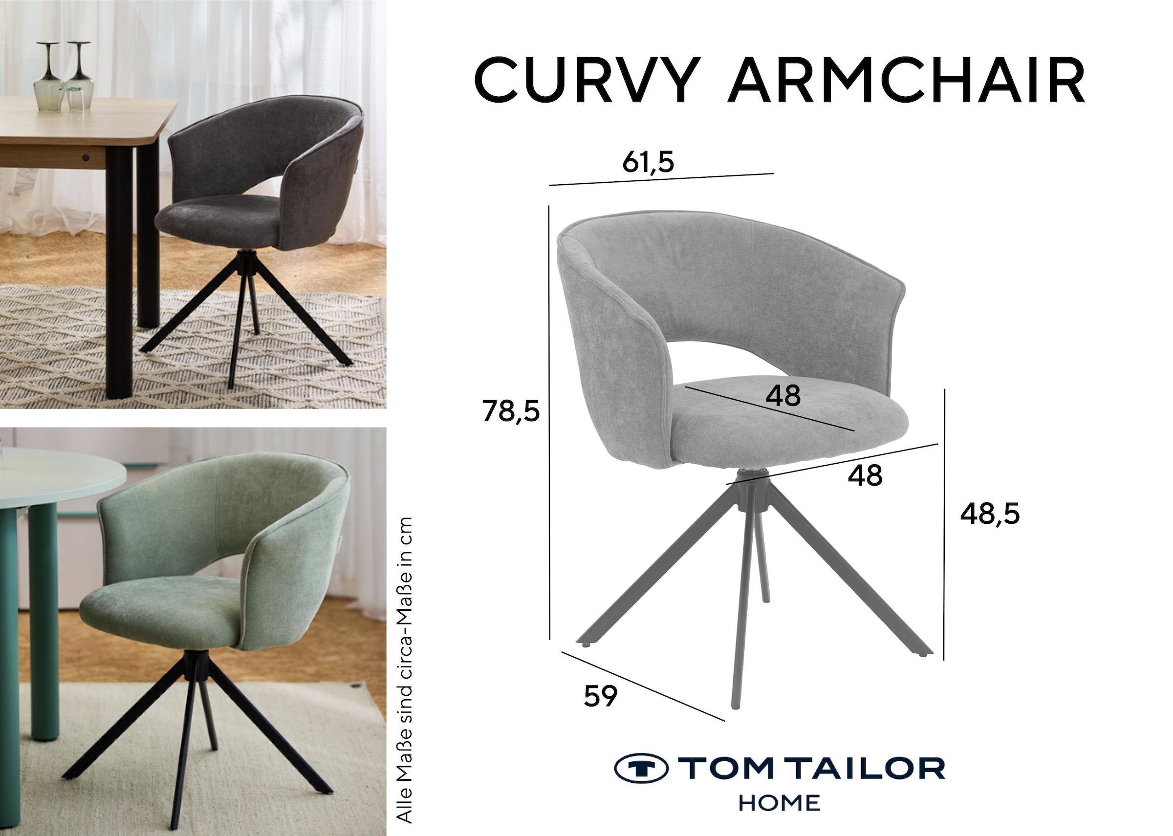TOM TAILOR HOME Armlehnstuhl »CURVY ARMCHAIR« (Set) 2 Stk.mit Armlehnen, drehbar, Rückholfunktion, Rückenausschnitt