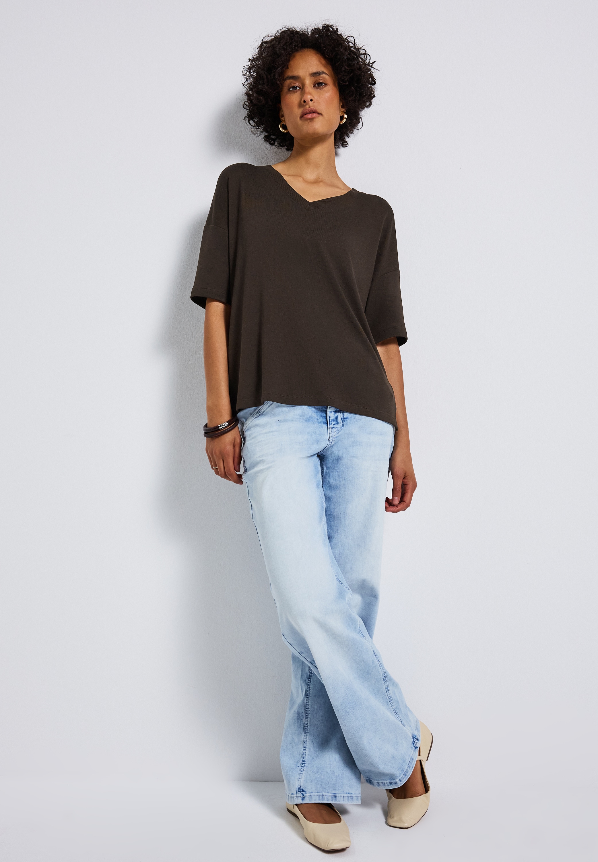 STREET ONE T-Shirt, mit V-Ausschnitt und im Strick-Look