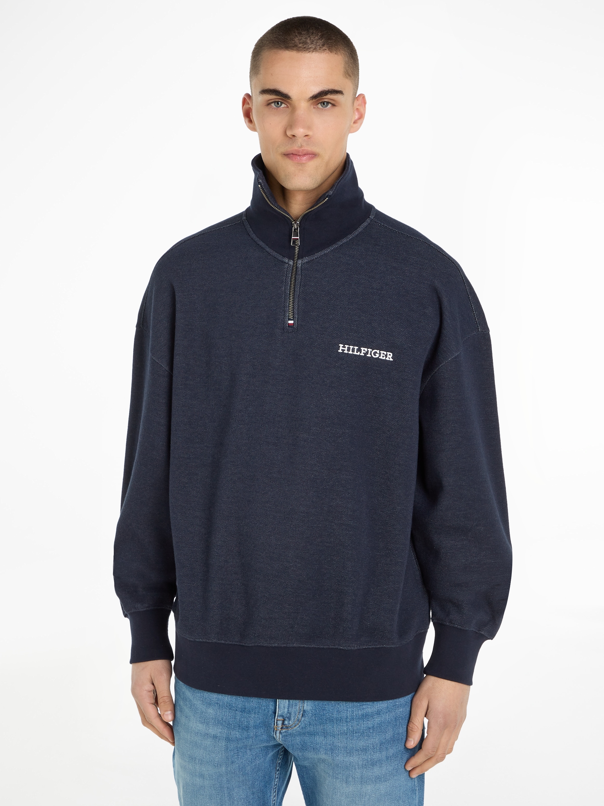 Tommy Hilfiger Sweatshirt »MONOTYPE HONEYCOMB 1/4 ZIP«, Tommy Hilfiger Flag-Stickerei am Reißverschluss und Rücken