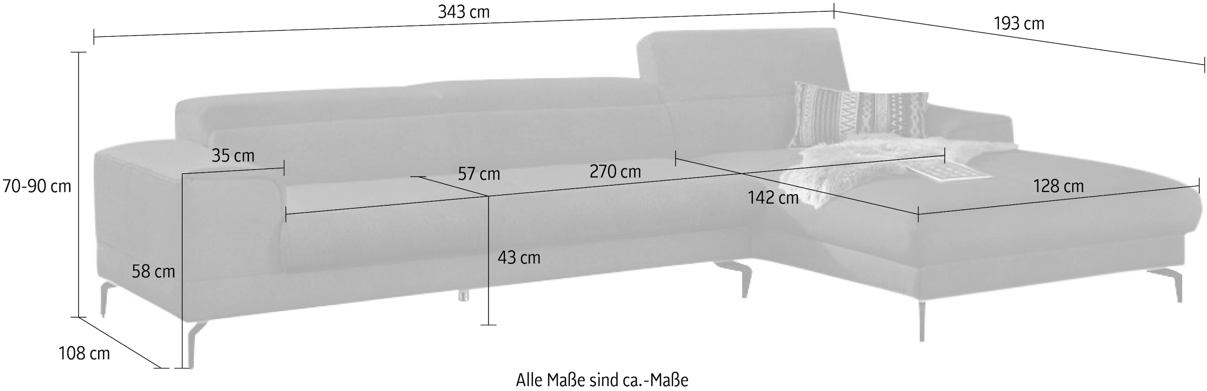 W.SCHILLIG Ecksofa »piedroo, Designsofa mit tollem Sitzkomfort, bequem, L-Form« Kopfteilverstellung, wahlweise mit Sitztiefenverstellung, Breite 343cm