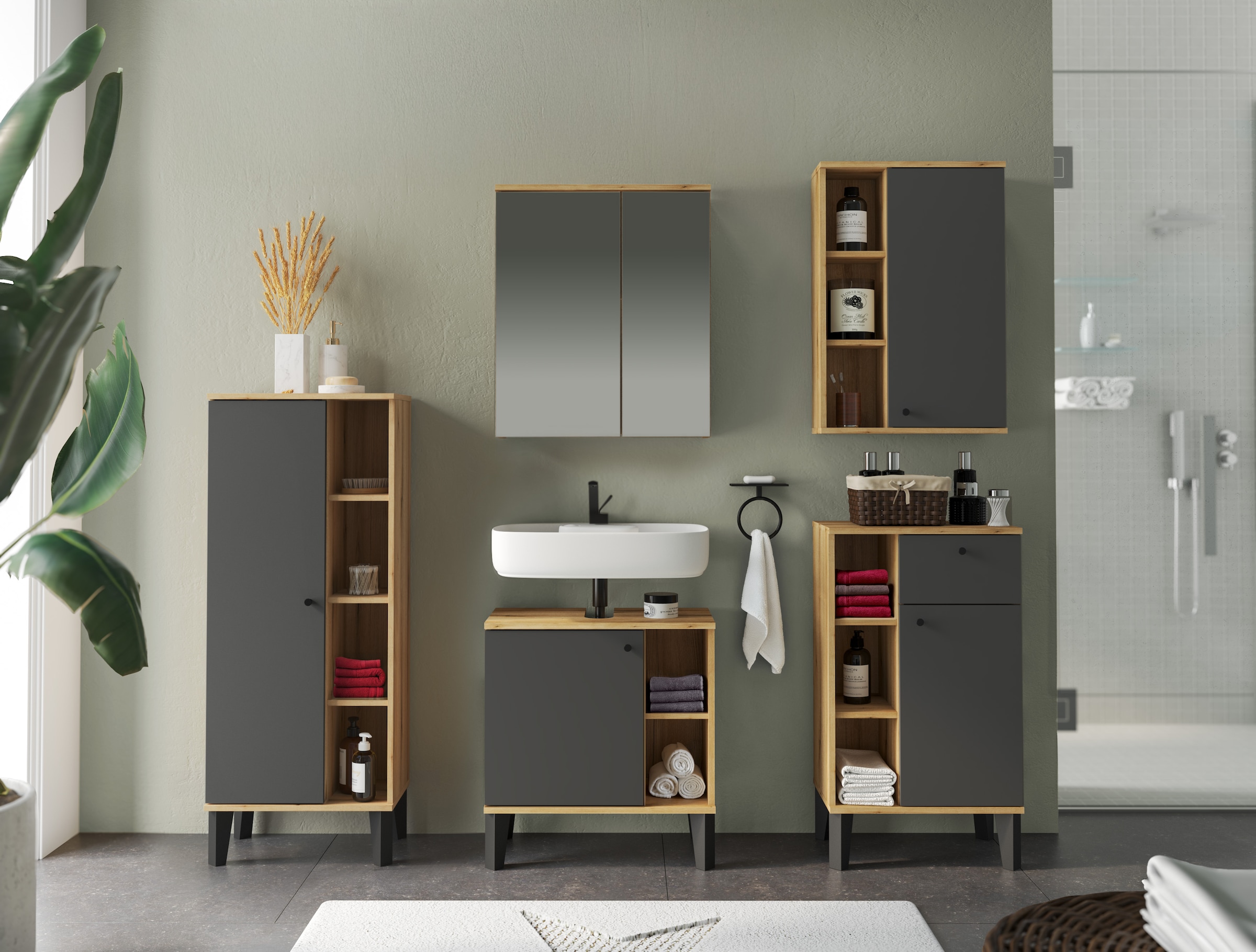 INOSIGN Hängeschrank »Oslo, Badschrank mit Knopfgriff, Wandschrank im skandinavischen Design«, in der Türfarbe Weiß oder Grau verfügbar, ausreichend Stauraum