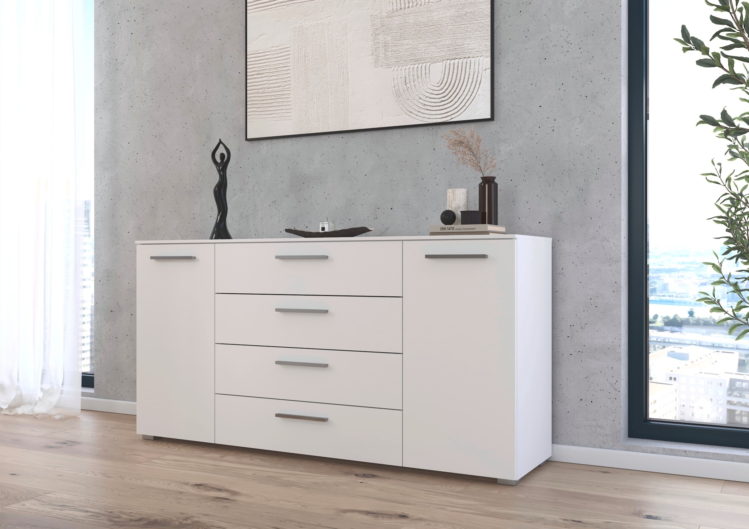 rauch Kombikommode »Sideboard Schubkommode Kommode MONTCLAR Front Dekor/Hochglanz/Glas« Breite 160 / Höhe 81 cm, 2 Einlegeböden, inkl. Soft-Close-Funktion,  2-türig, 4 geräumige Schubladen, viele Griffvarianten MADE IN GERMANY