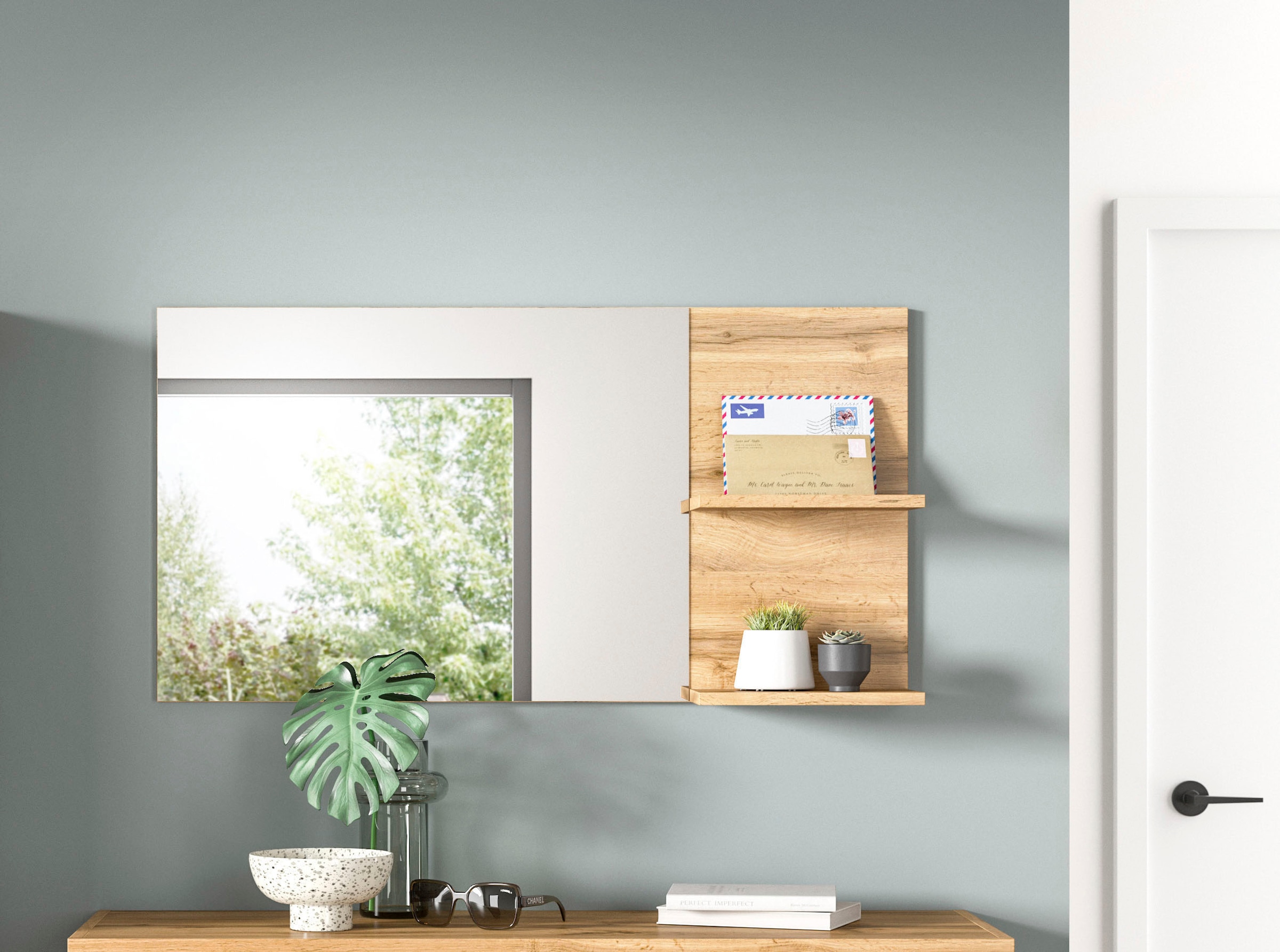 OTTO home Spiegel »MAMBO II, Breite 99cm, 2 Ablageböden, große Spiegelfläche« Garderobenspiegel, Flur, Diele, Spiegel mit Ablage, Spiegelpaneel
