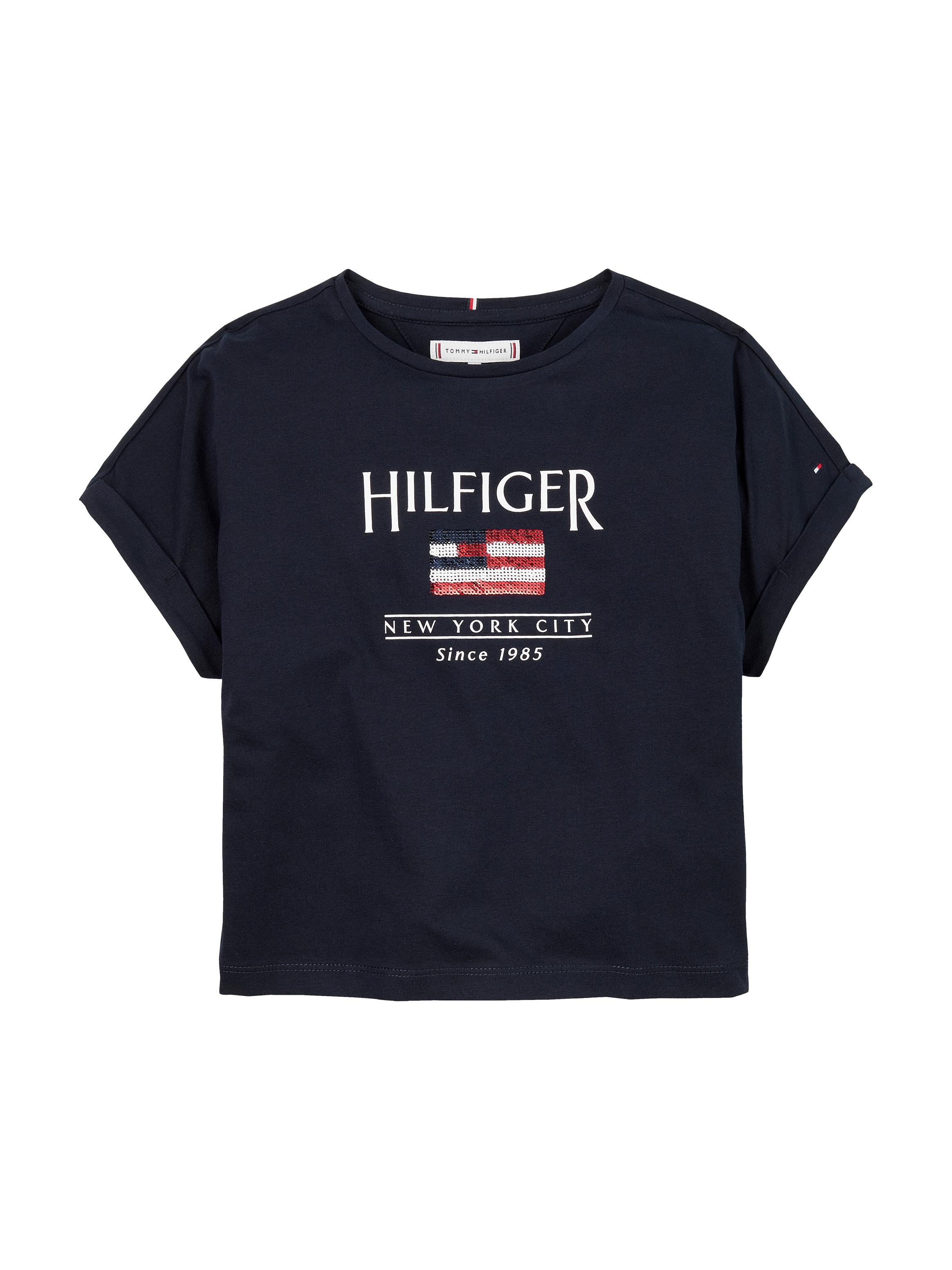 Tommy Hilfiger Kurzarmshirt »HILFIGER SEQUINS FLAG TEE SS«, mit Pailetten, mit Logodruck