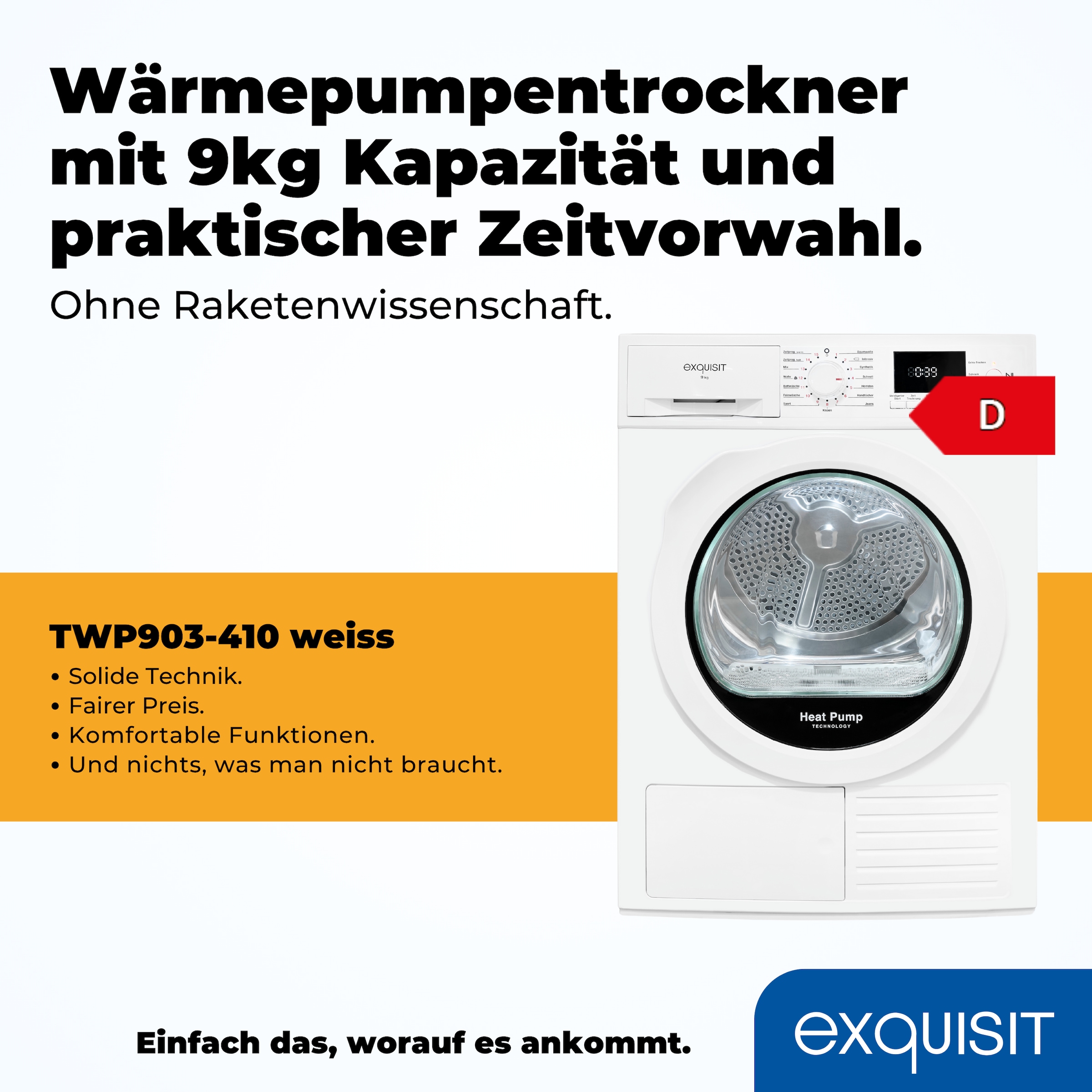 exquisit Wärmepumpentrockner »TWP903-410 weiss« 9 kg, 15 Programme, Startzeitvorwahl, Knitterschutz, LED-Licht