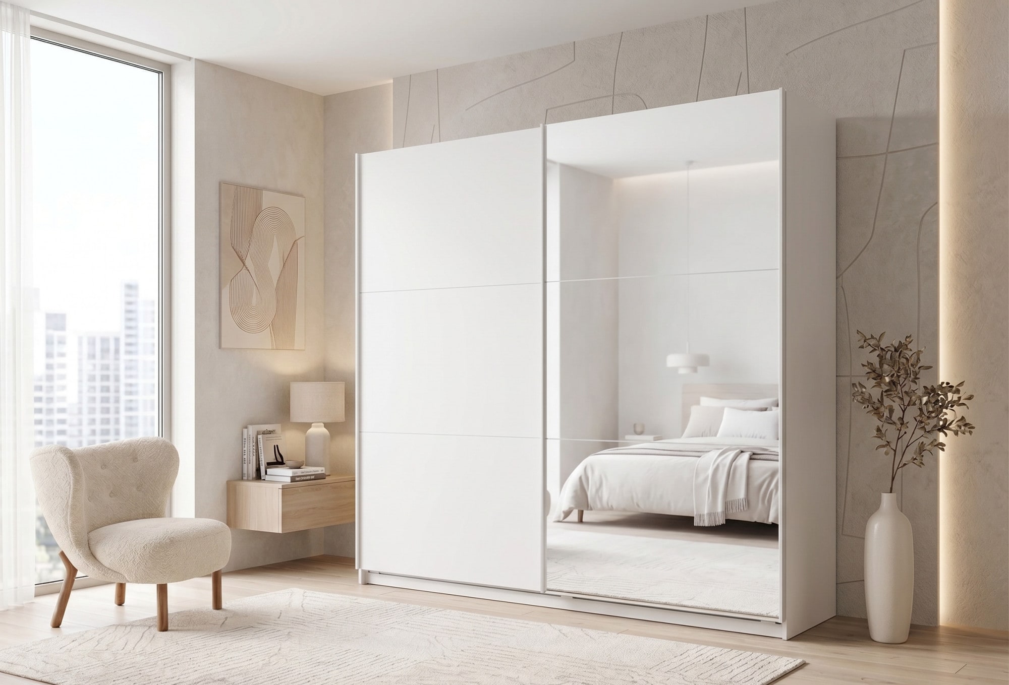 Home affaire Kleiderschrank »LISELOTTE mit Spiegel, wahlweise mit Beleuchtung, Breite 221 cm« Garderobe mit 2 Schwebetüren, weiß oder cashmere, B/H/T: 221×207×60 cm