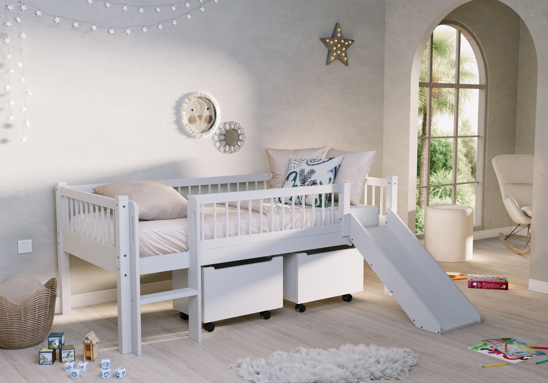 Vipack Massivholzbett »Forrest Made in Europe, stabil und hochwertig gebaut, mit 2 Rollboxen« 90/200 cm, mit Rollrost, Leiter und Rutsche, seitenverkehrt montierbar,  inkl. umlaufenden Absturzschutz in Sprossenoptik, Buche weiß lackiert