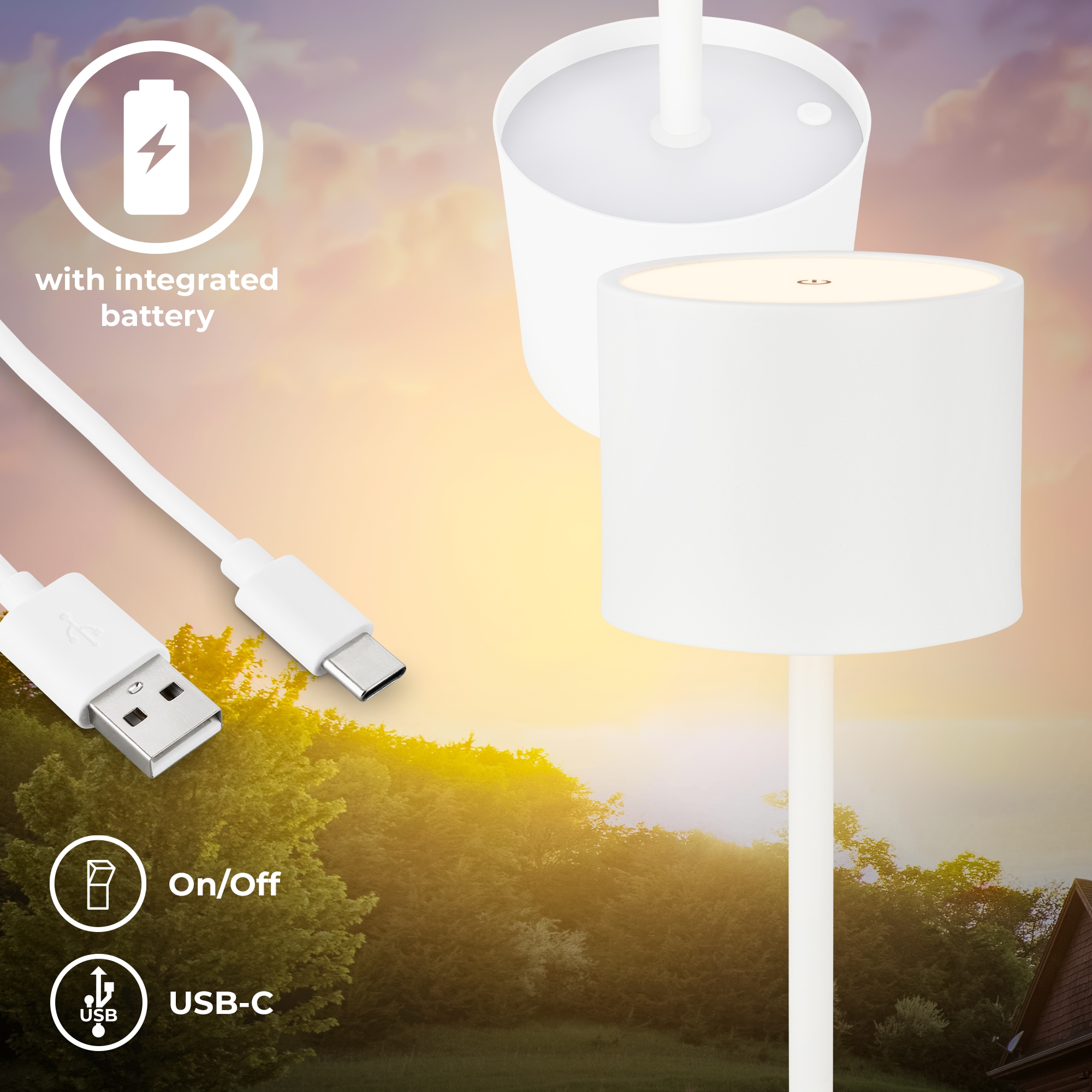 B.K.Licht Außen-Tischleuchte »BK_TL1607 Akku Tischlampe mit Ladestation, 3-Stufen Touchdimmer, IP44« LED-Modul 1 Stk. Extra-Warmweiß 3.000 K, 230 Lm, 2,5W, Akku wechselbar, max. 12h Leuchtdauer, Weiß