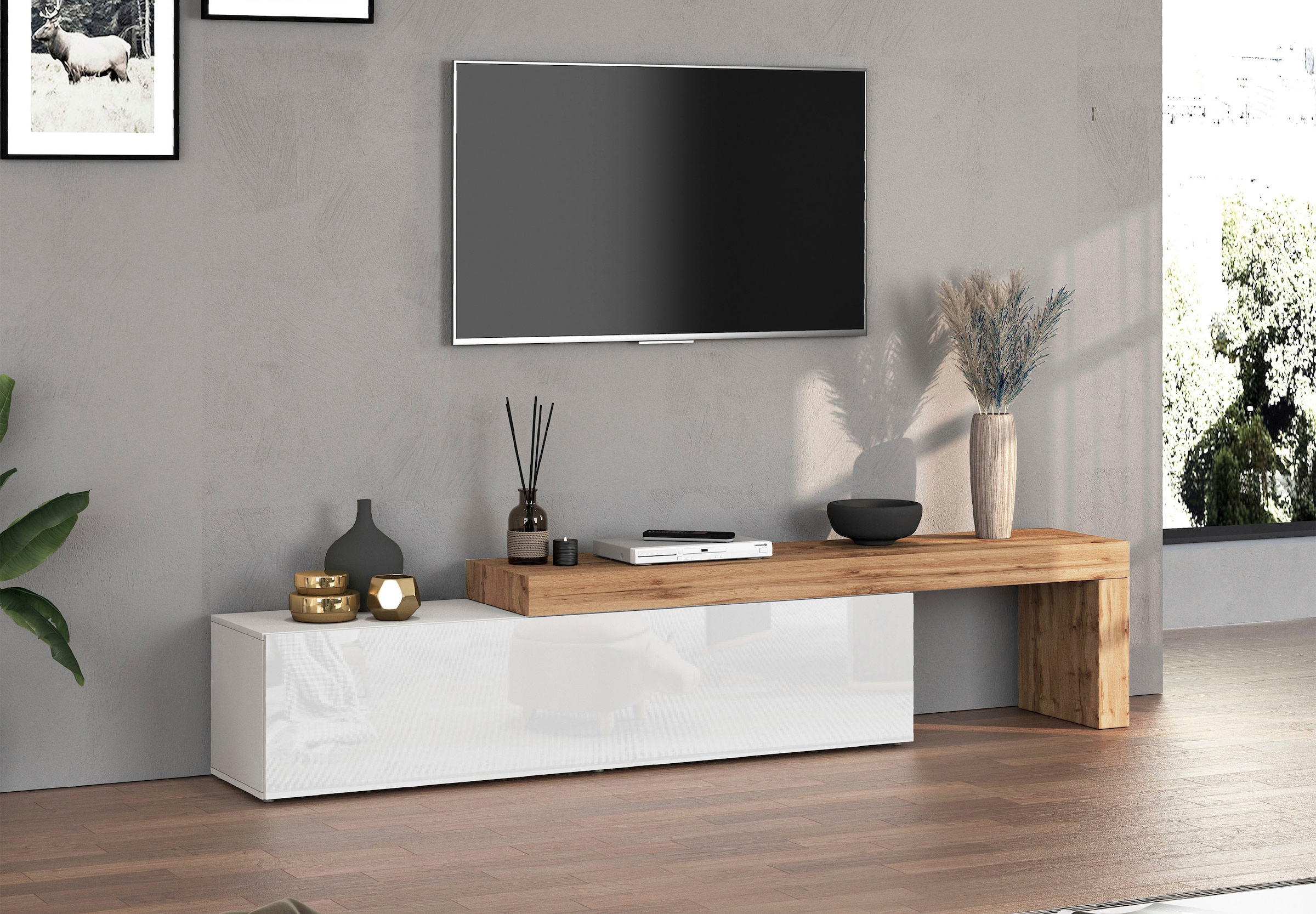 OTTO home Lowboard »Chronos TV-Board, TV-Schrank« Breite verstellbar von 190 bis 350 cm, 1 Stk. tlg. Breite 270 cm TV-Board,Lowboard,1 Klappe und ein L-Förmiger Aufsatz