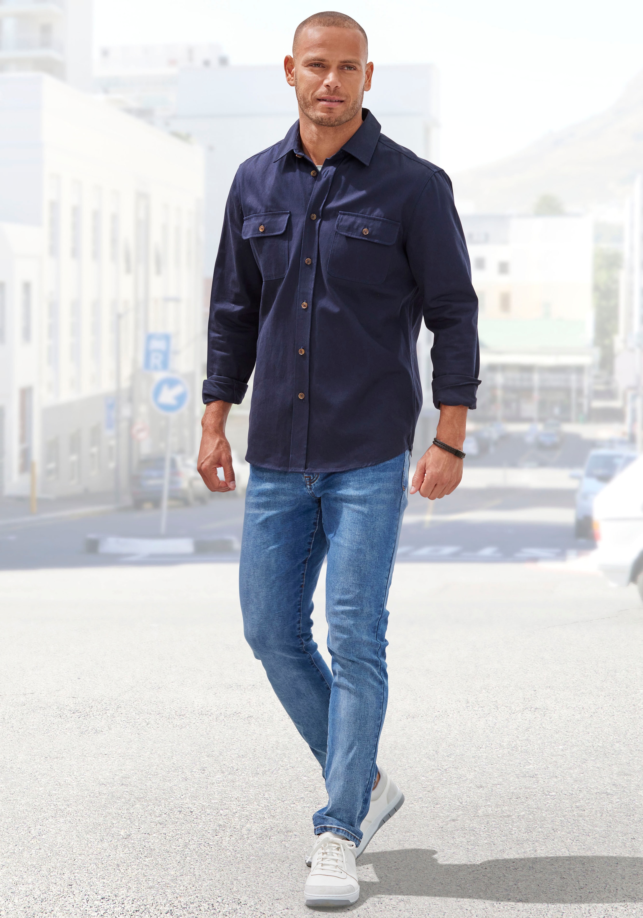 John Devin Langarmhemd, Overshirt aus reiner Baumwolle, mit aufgesetzten Taschen