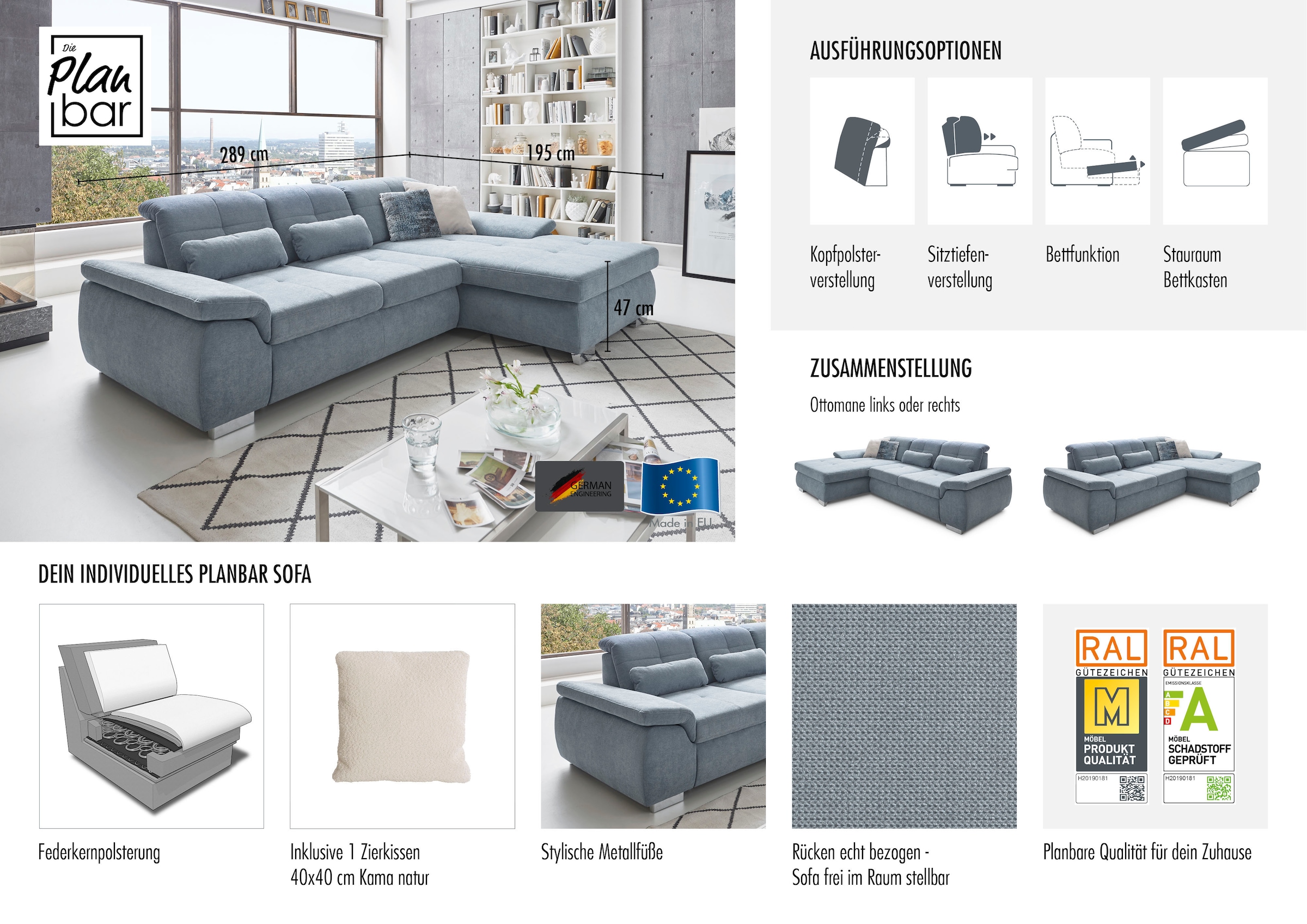 Die PlanBar Ecksofa »MP-IN16037 L-Form, Breite 289 cm, mit Federkern-Polsterung« mit Sitztiefenverstellung & Zierkissen