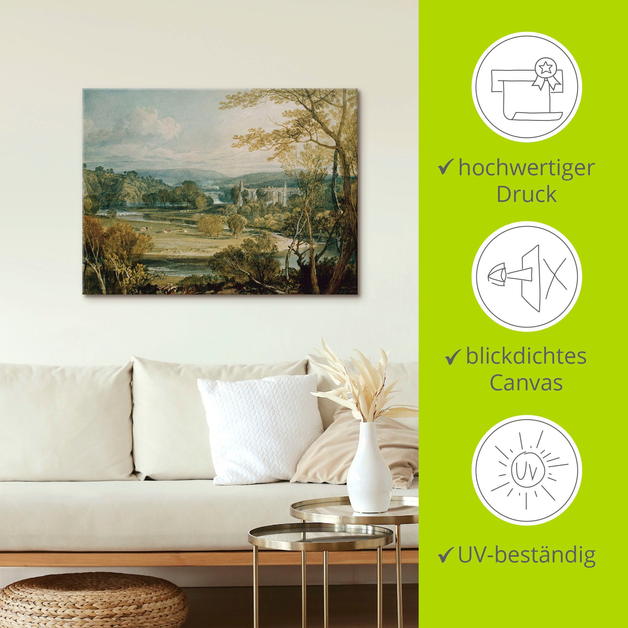 Artland Wandbild »Blick zur Bolton Abbey, Yorkshire. 1809«, Wiesen & Bäume, (1 St.), als Leinwandbild, Poster in verschied. Größen