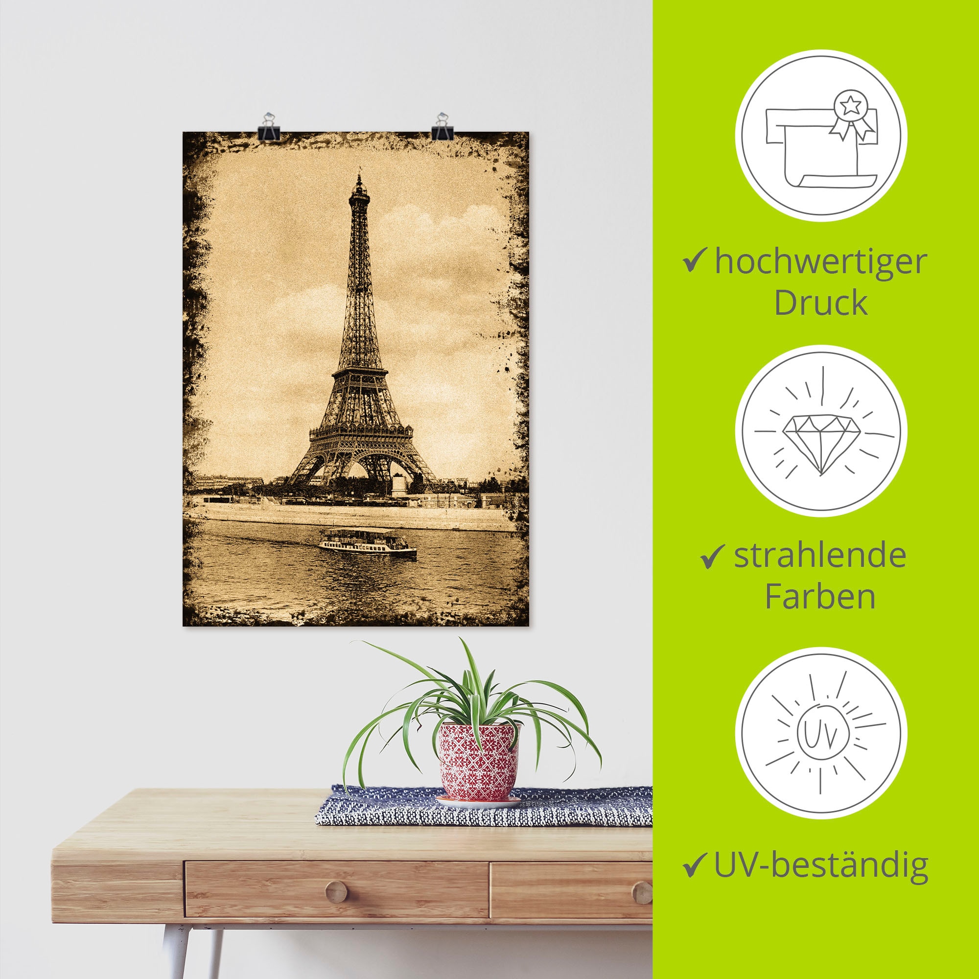 Artland Poster »Paris - Eiffelturm Vintage«, Gebäude, (1 St.), als Leinwandbild, Wandaufkleber oder Poster in versch. Größen