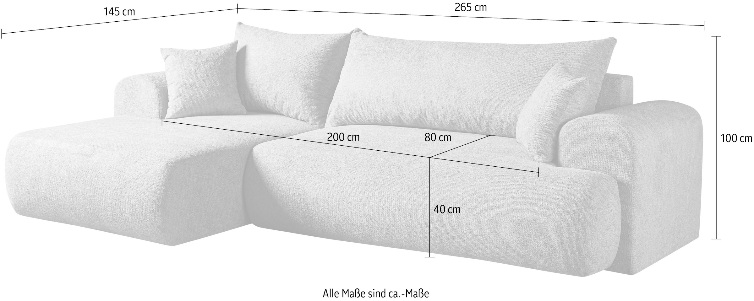 WERK2 Ecksofa »Ewela, modern, inkl. Bettfunktion & Bettkasten, bequem, Breite 265cm« moderner Boucle Bezug, Liegefläche 200/140cm