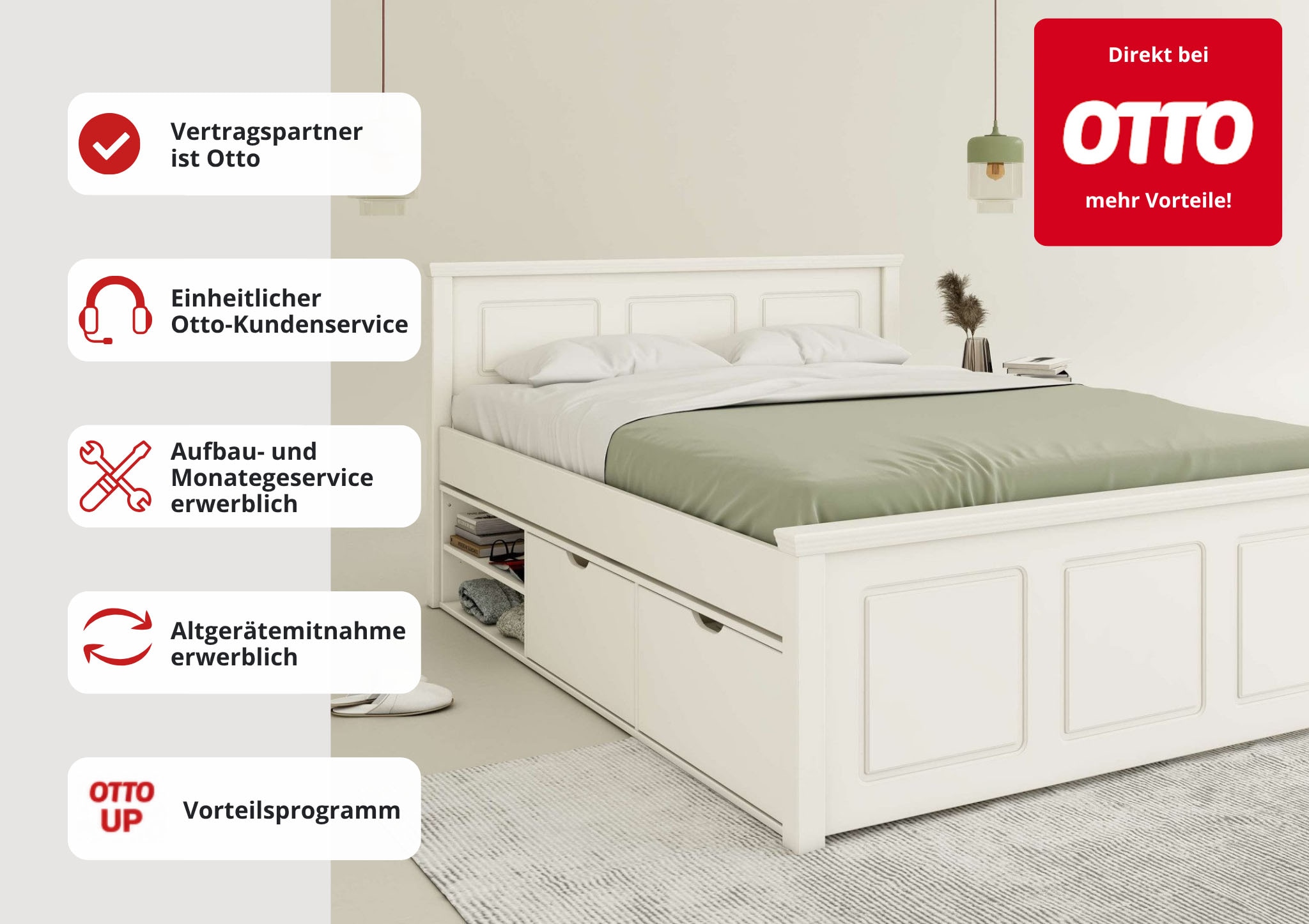 OTTO home Stauraumbett »SVEA – Landhausstil, Massivholz-Kiefer & Lattenrost inklusive« Liegefläche 180x200cm,  2 Schubladen + offene Fächer, FSC® zertifiziert, Made in Europe
