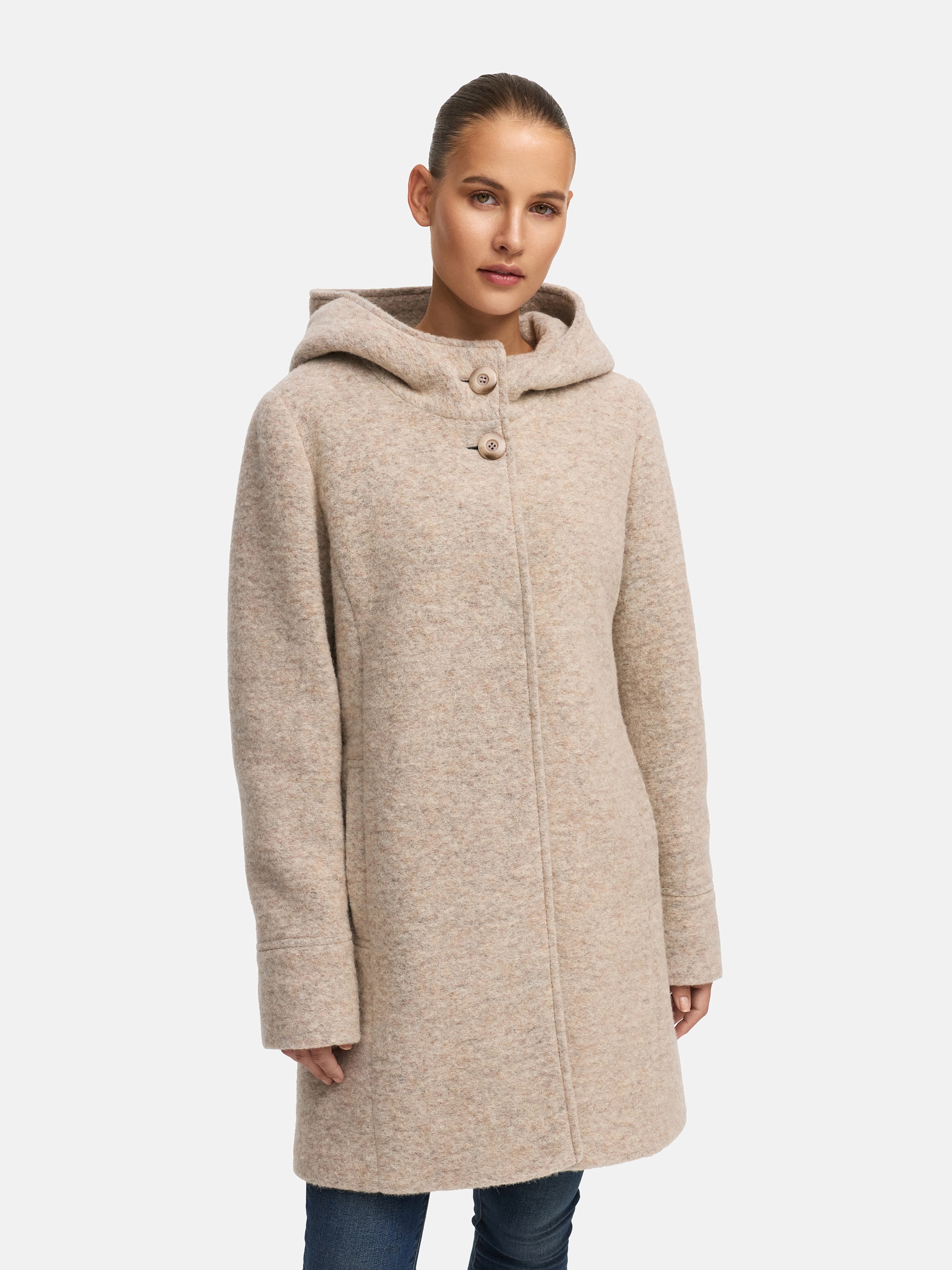 MANISA Wolljacke, mit Kapuze, Wollparka mit Kapuze und verdeckten Knöpfen