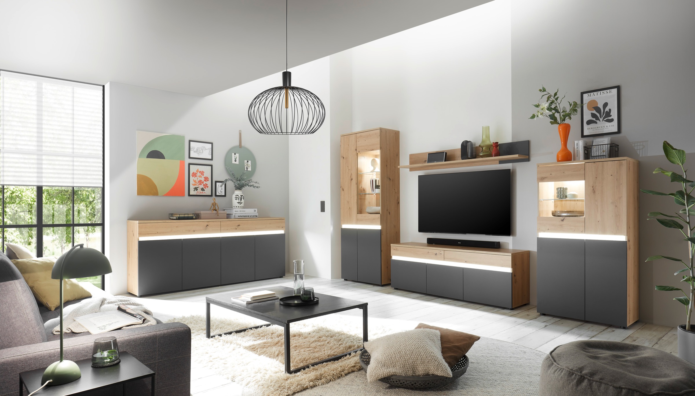 HBZ Highboard »Lille mit LED-Beleuchtung, Wohnzimmerschrank BxHxT 75x140x38 cm«, (1 St.), Mit 3 Türen, 4 Einlegeböden und 1 Glasboden, BxHxT 75x140x38 cm