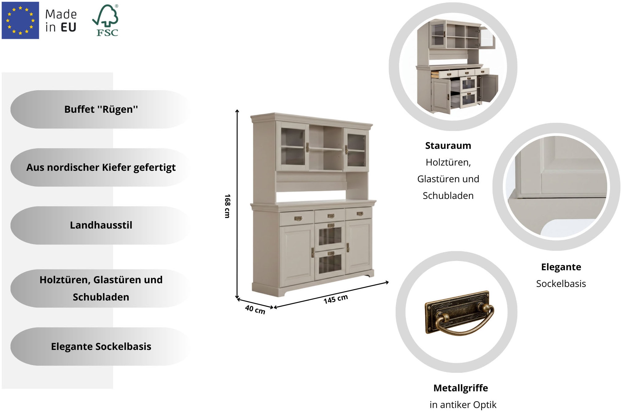 Home affaire Buffet »Rügen« FSC® zertifiziertes Massivholz, im Landhausstil