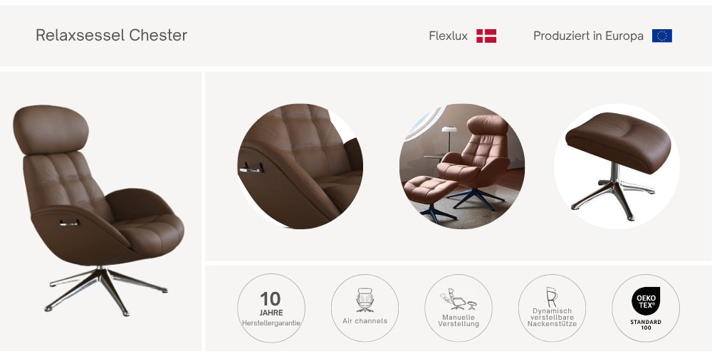 FLEXLUX Relaxsessel »Chester, Funktionssessel, Hoher Komfort, Scandi, Drehbar«, Premium Komfort, Rücken- und Kopfteilverstellung, Drehbar, Fuß Schwarz