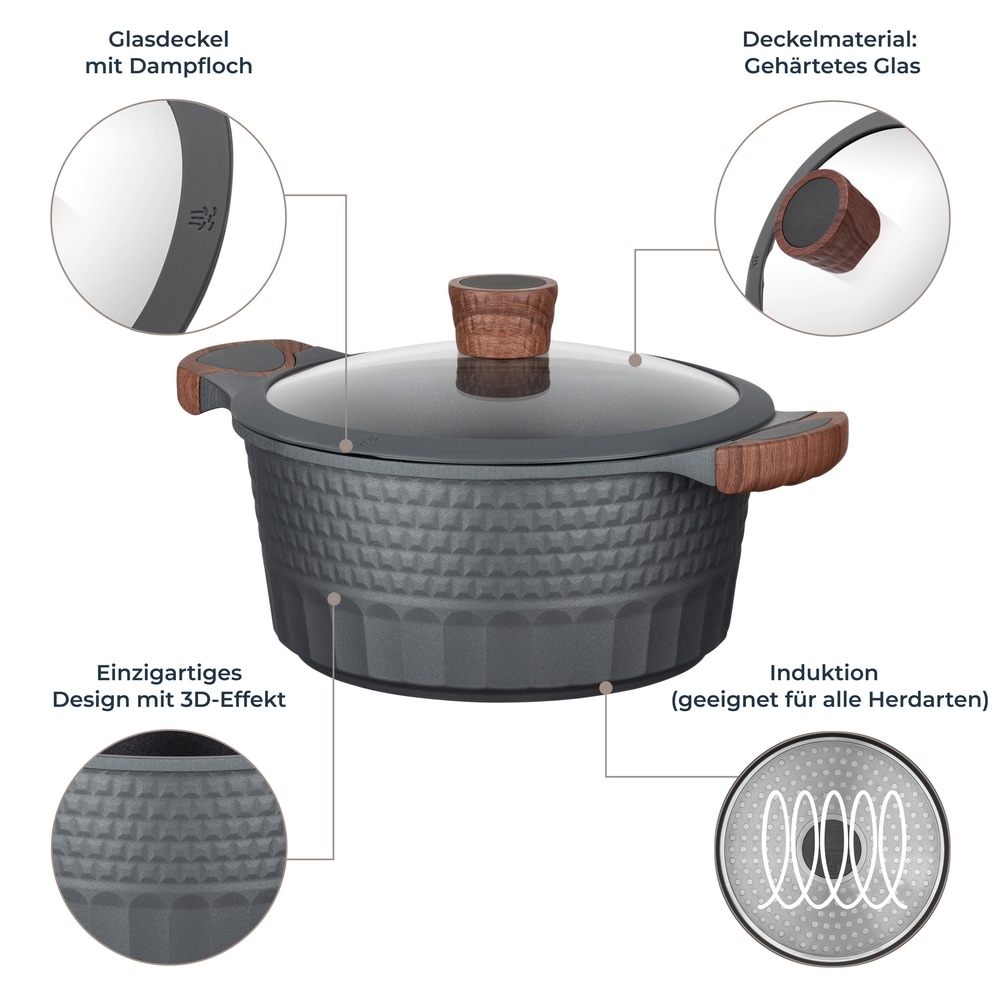 RESTO Kitchenware Topf-Set »Capella mit Deckel, antihaftbeschichtet und spülmaschinenfest« Set, 1x Stielkasserolle Ø 16 cm, je 1x Bratentopf Ø 24 cm + Ø 28 cm, 6 Stk. tlg. Aluminiumguss