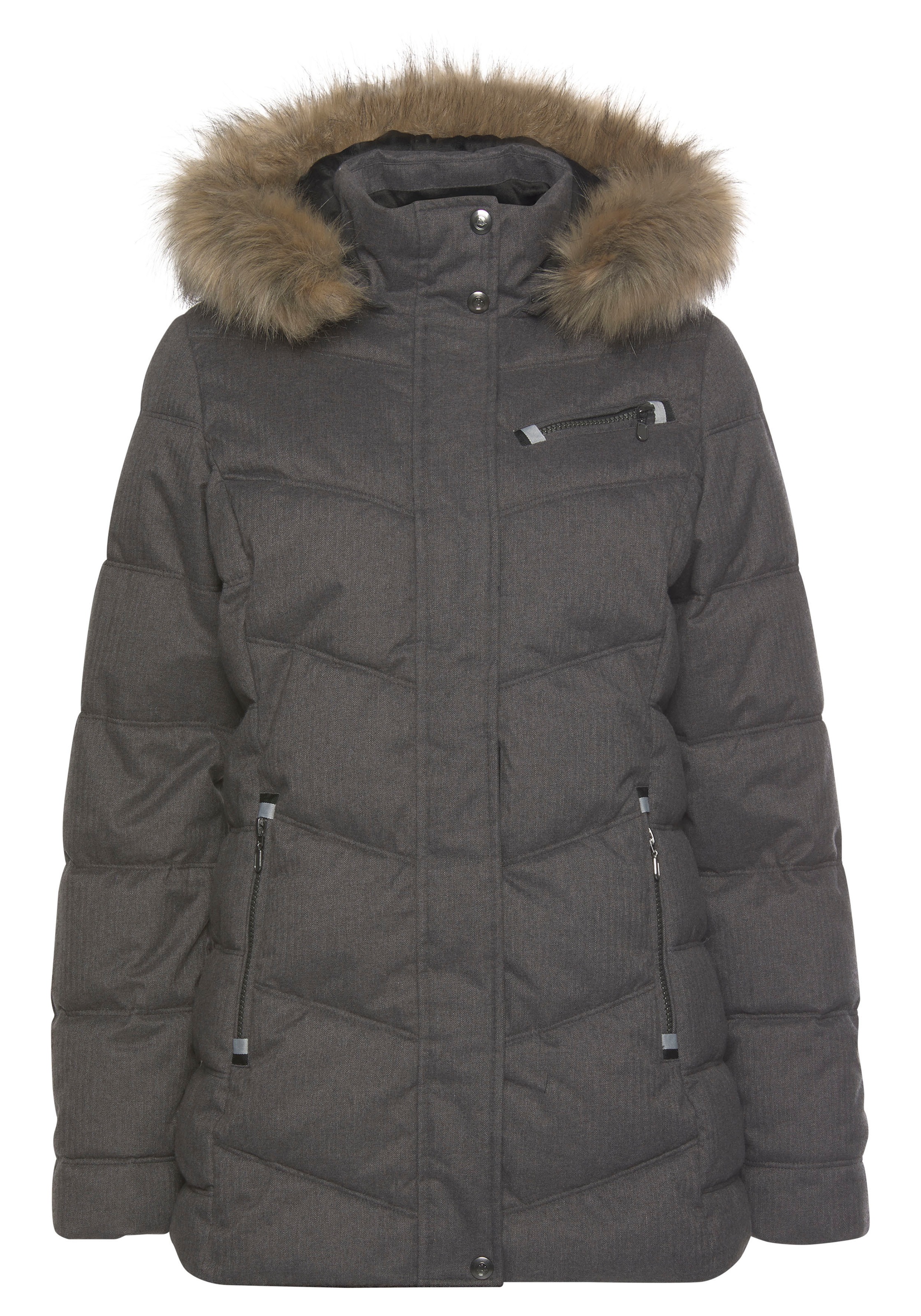 Polarino Steppjacke, mit Kapuze, mit abnehmbarer Kapuze, mit Fellimitat, viele Taschen